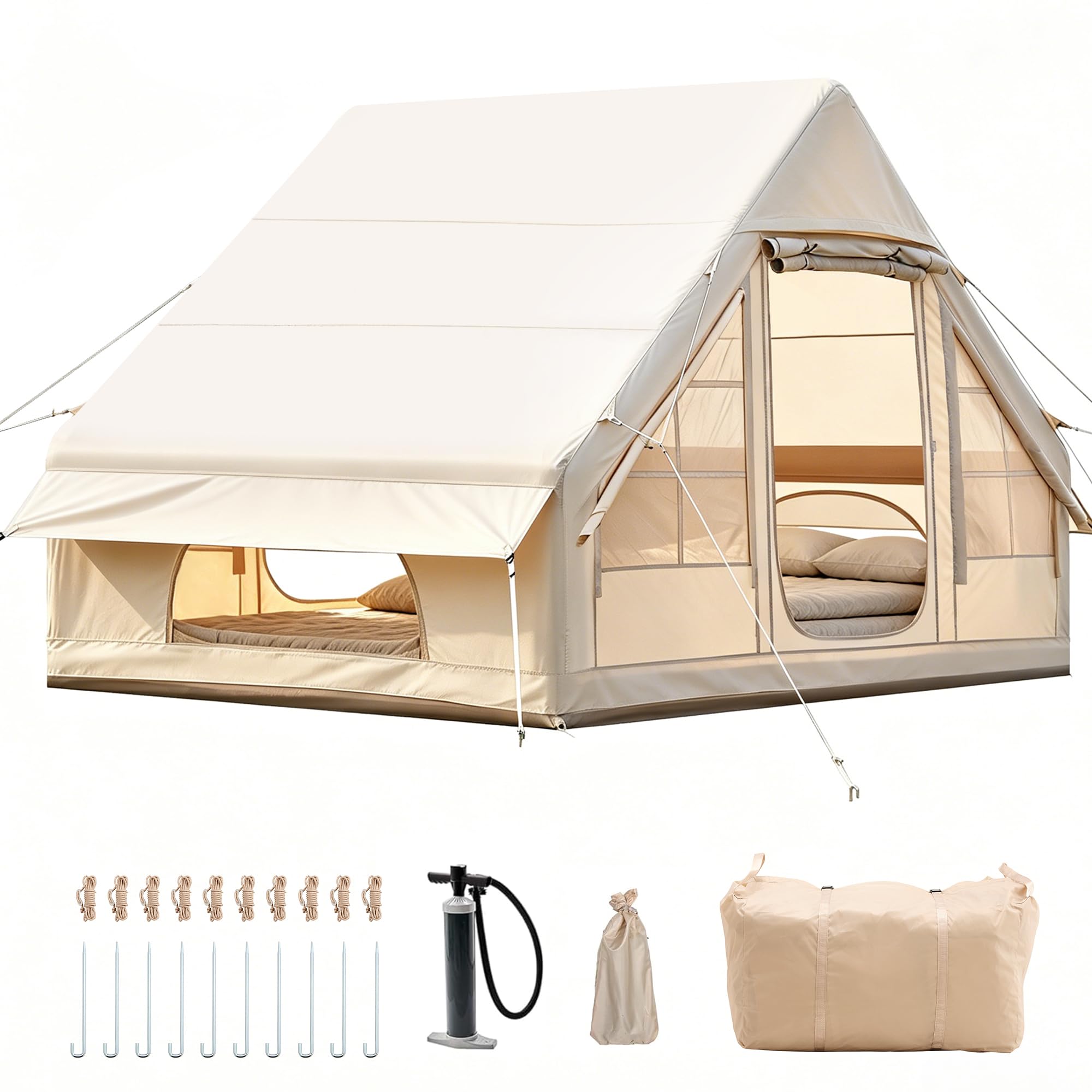 Aufblasbares Campingzelt mit Kaminöffnung & Dachfenster, Aufblasbare Zelt für 2-10per mit Luftpumpe, Zelt Aufblasbar aus Wasserdichtem Oxford-Stoff für Jahreszeiten, Schneller Aufbau Luftzelte