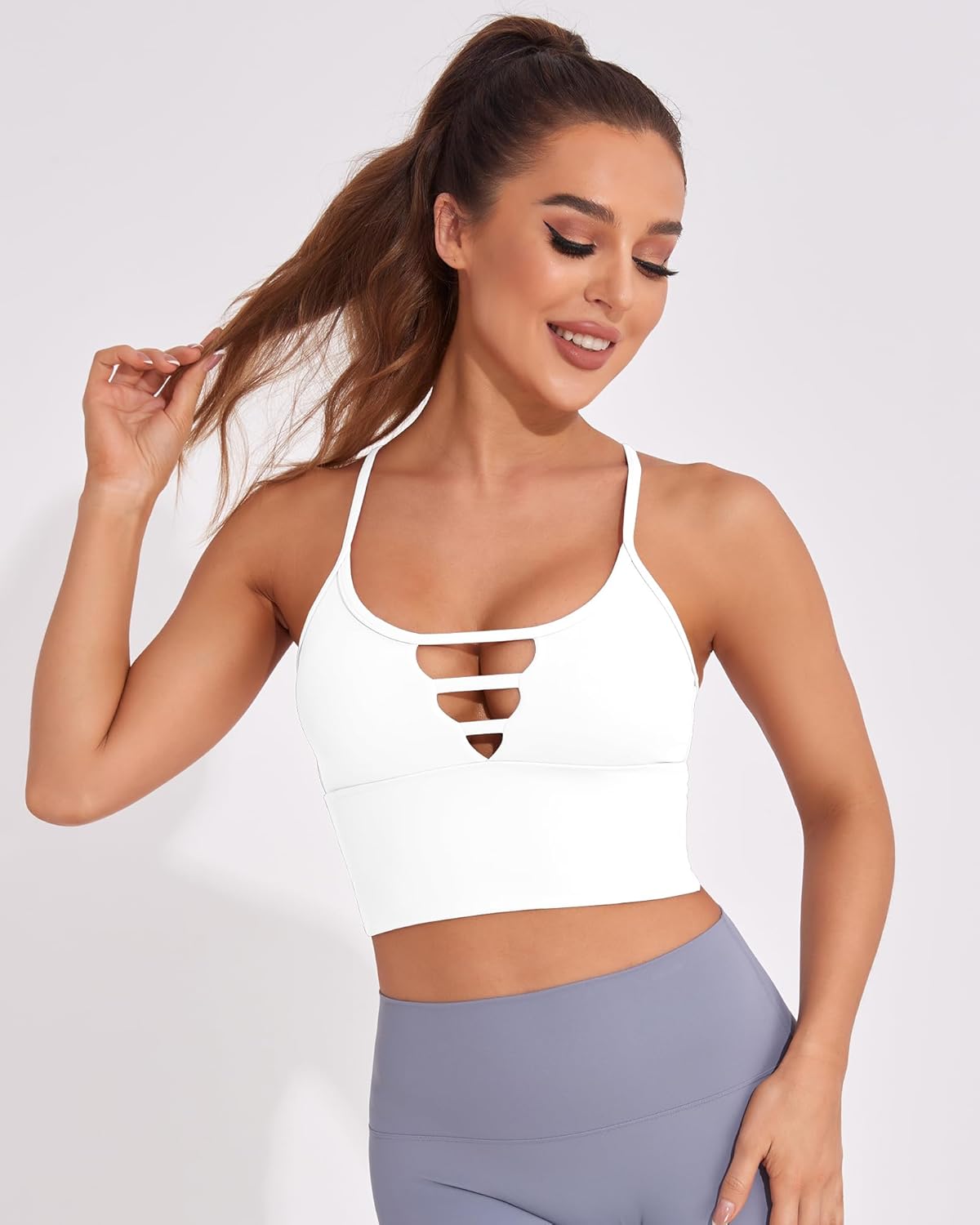 AngiMelo Longline Sports Bras for Women High Support Strappy Push Up Workout Tops Built in Bra Padded Crop Yoga Tank Top - Image 7