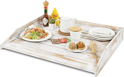 Miniatura 3 de MyGift Tabla de fideos extra grande de 30 pulgadas, cubierta superior de estufa de madera maciza lavada de color blanco desgastado con asas
