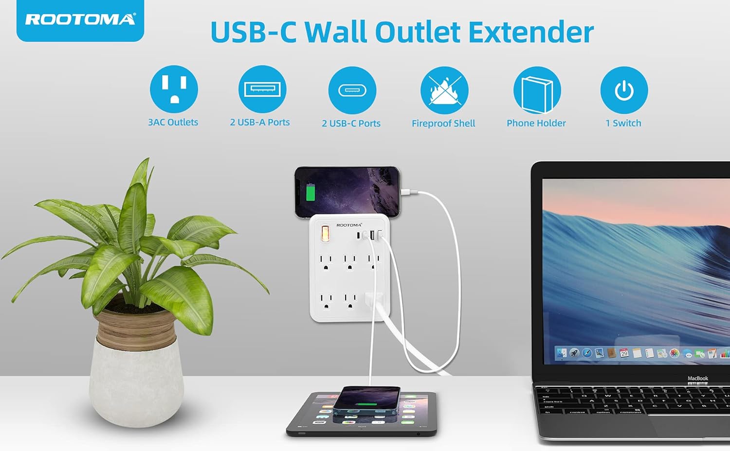 Wall Outlet with USB Ports, 6 Outlet Wall Plug Extender with Switch, Wall Surge Protector Outlet, USB Wall Charger Multiport, USB C Power Strip, USB C Plug Extender for College Essentials,Home,Office : Tools & Home Improvement