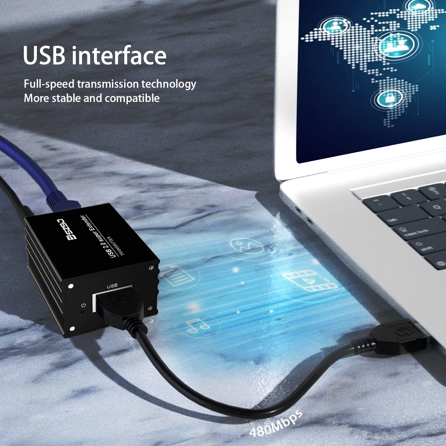 Estensore USB su RJ45 Cat5E/6 fino a 70 m, cavo di prolunga con adattatore di alimentazione con 4 uscite USB 2.0, supporto completo USB 2.0 per tastiera, dongle, mouse, webcam e tutti i sistemi