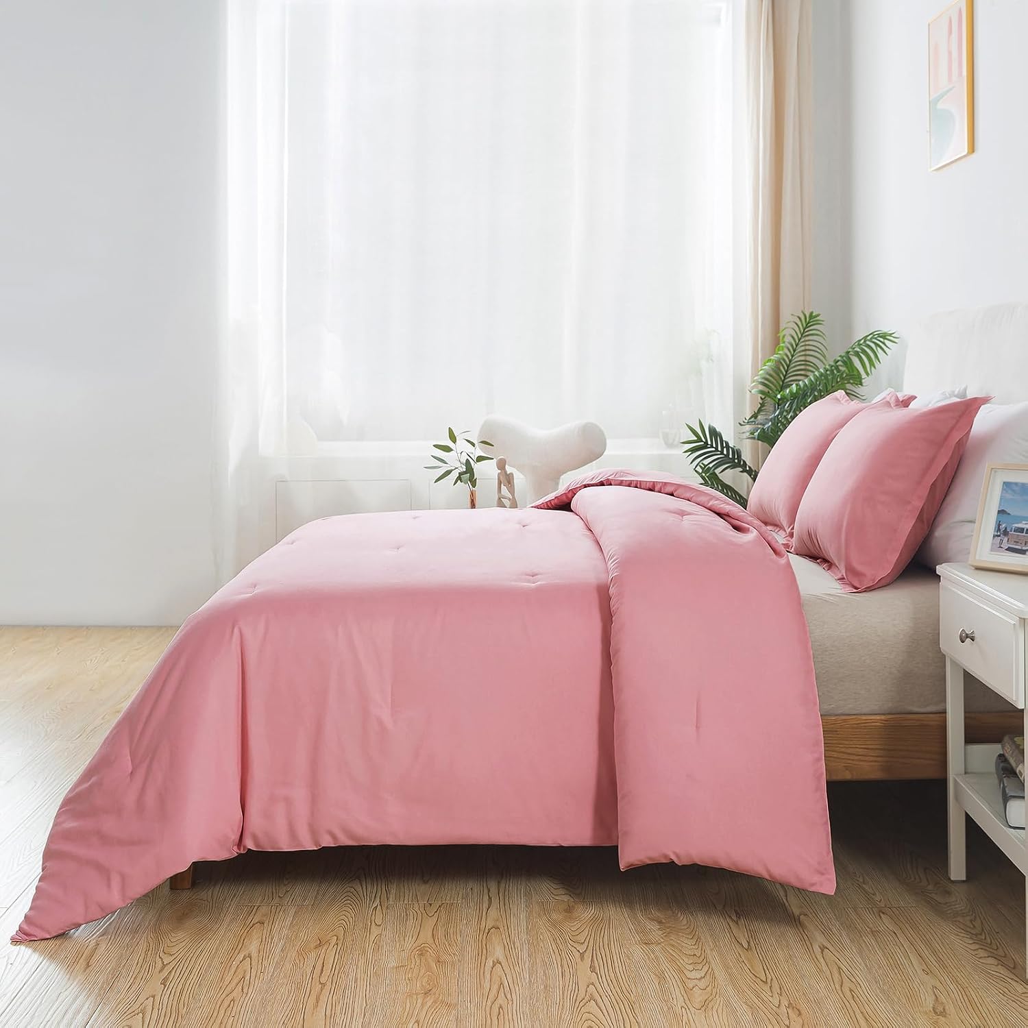 Caressma Pink Comforter Set Twin Size, Solid Blush Women Girls Pink Down Alternative Boho Bedding Comforter Set, Breathable Fluffy Microfiber Comforter (68"x90") for All Seasons with Pillowcase