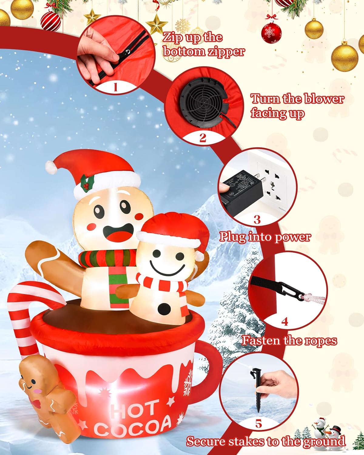 Giant Inflatable Christmas Decoration Gingerbread Man with Santa Hats - 6-Foot Tall Hot Cocoa Themed Holiday Yard Decor - Indoor/Outdoor Christmas Blow-Up with LED Lights.