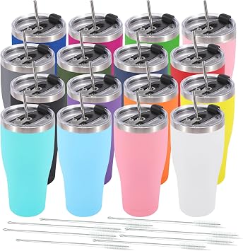 Dongni 30 oz Tumbler with Lid and Straw, Powder Coated Tumbler, Stainless Steel Tumblers Bulk, Insulated Vacuum Double Wall Coffee Travel MugMix 16 pack
