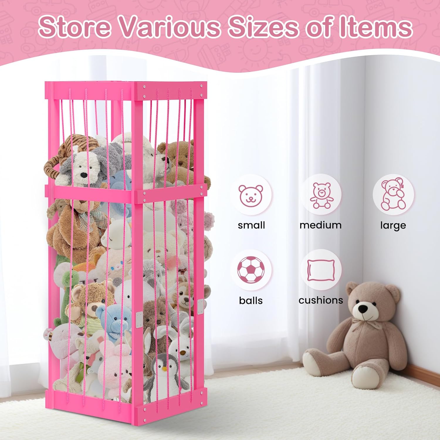Stuffed Animal Zoo Wood, Large Stuffed Animal Storage Plushies Storage, Pink Toy Storage Organizer for Kids Room Nursery Play Room Bedroom