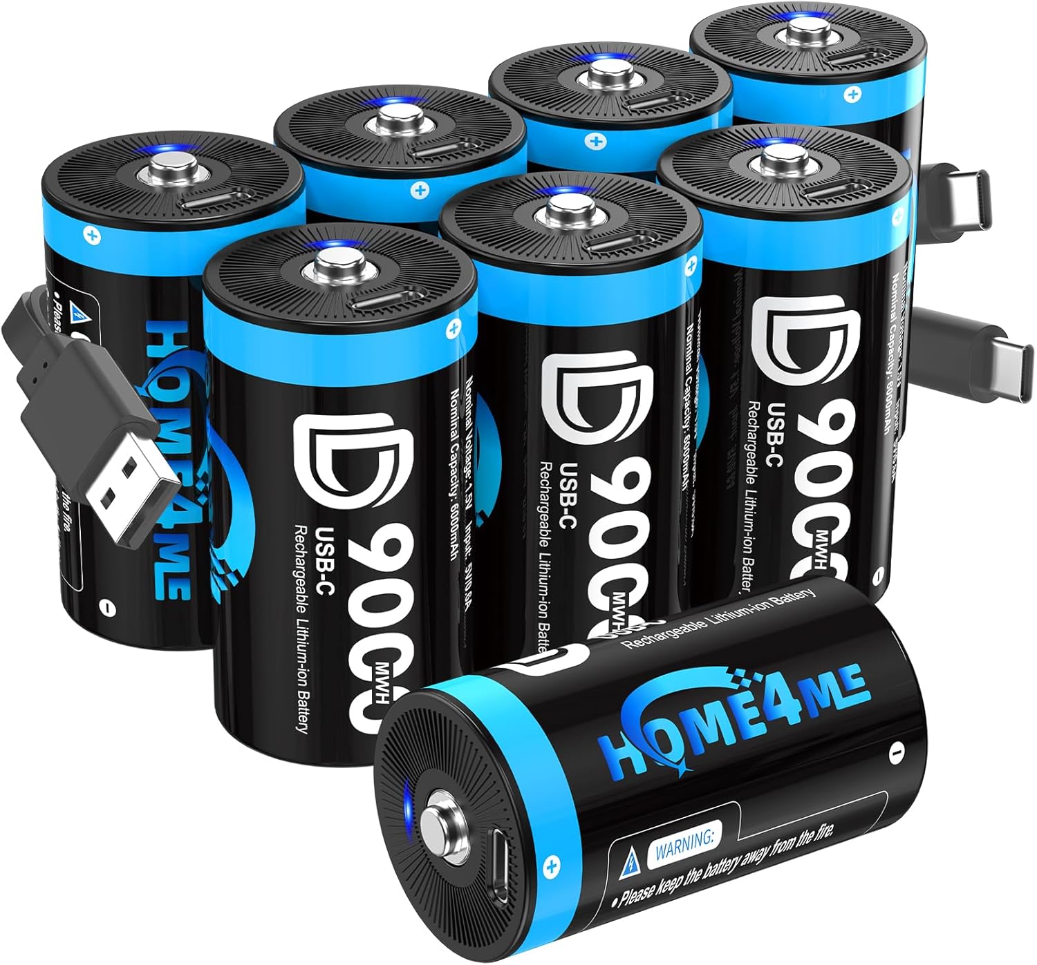 Rechargeable D Batteries 8 Pack, 9000mWh Lithium D Cell Battery, 1.5V D Rechargeable Batteries, Size D Battery with 2-in-1 USB-C Charging Cable for Toys, Water Heater, Gas Stove