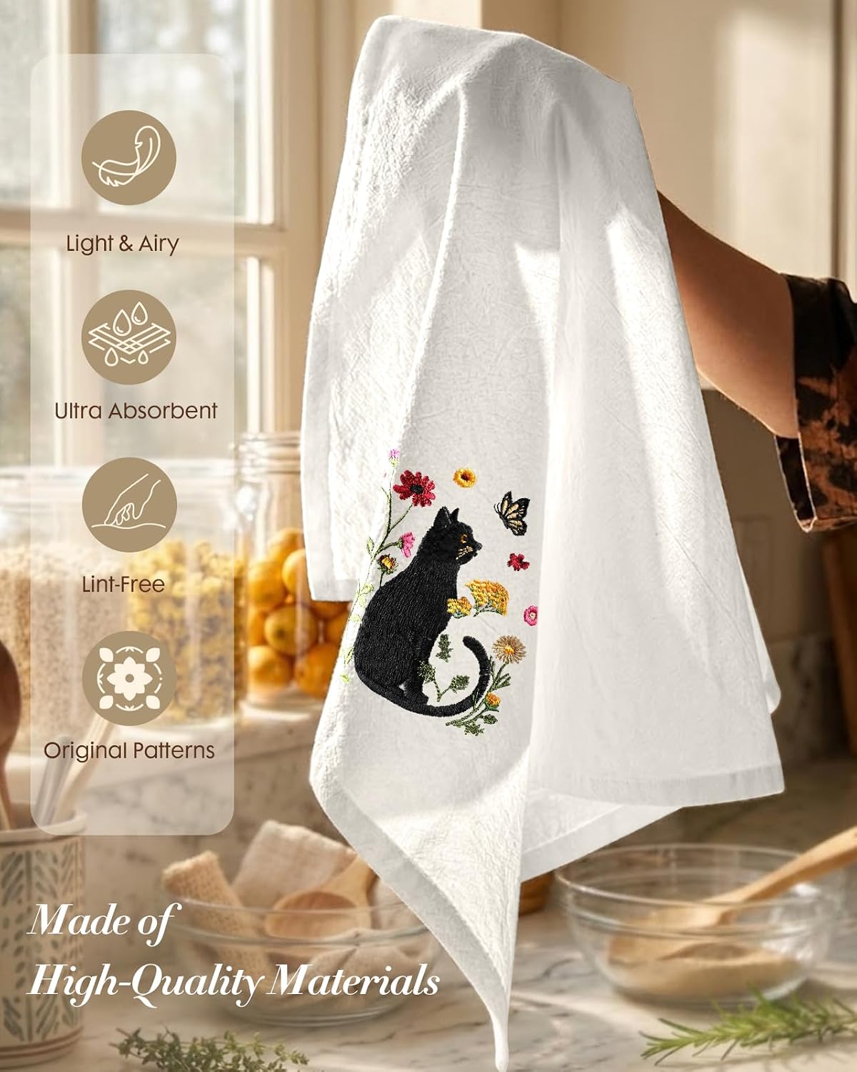 Miss Adola Embroidered Flour Sack Kitchen Towels, Black Cat