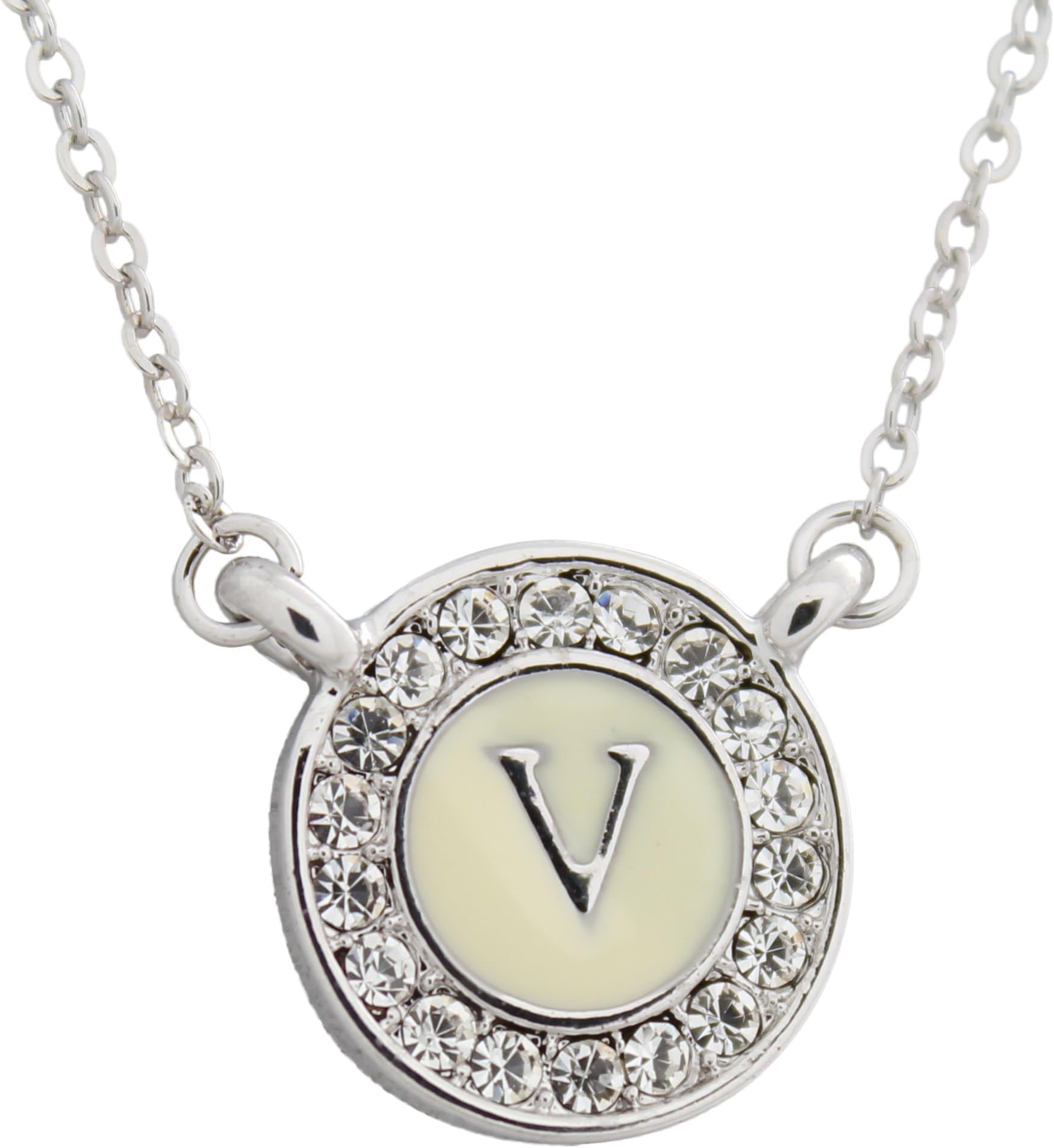 Maren Elena Alphabet Letter "V" Pendant on 15mm Enamel Background with Austrian Crystal Halo