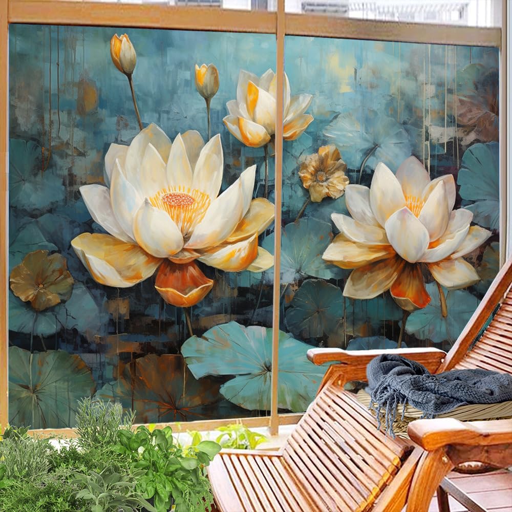 Pellicola per finestre rustica con fiore di loto in fiore, per la privacy rurale, non adesiva, decorativa, statica, per casa e ufficio, 70 x 120 cm, 2 pezzi