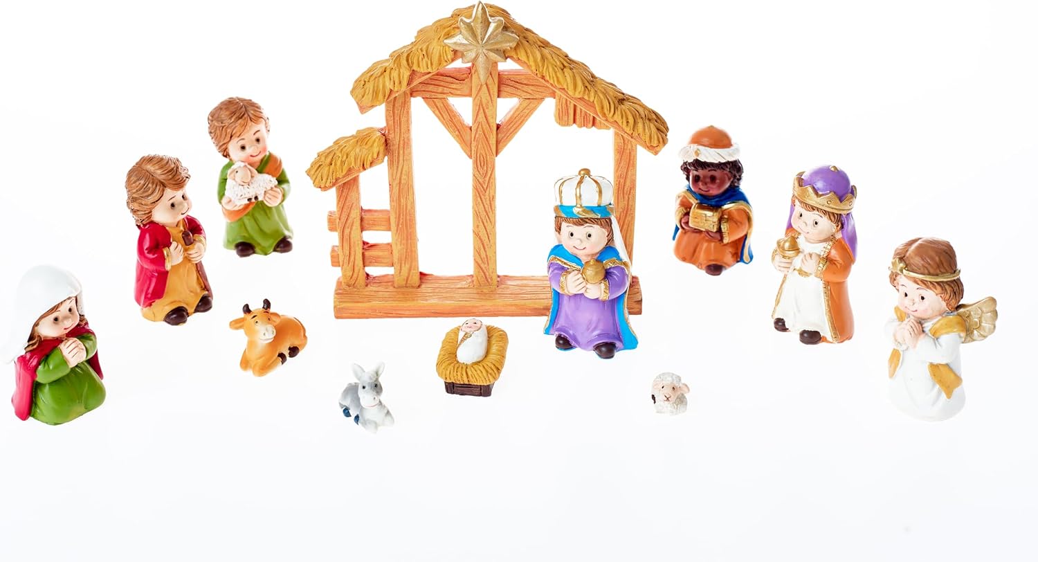 12 Pcs Christmas Nativity Set, Includes 11 Small Resin Figurines and a Manger, Nativity Scene Decor Religious Table Decorations Home Decor
