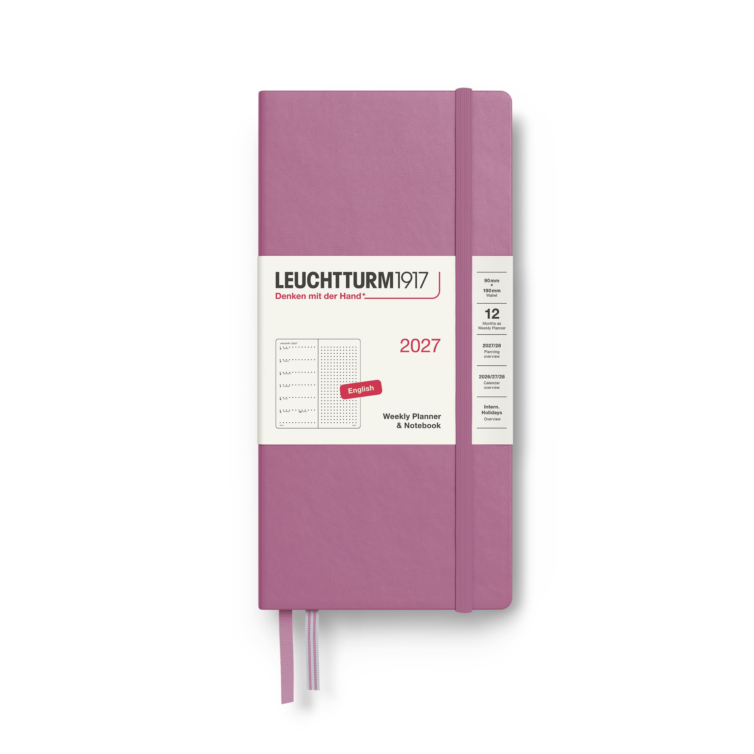 LEUCHTTURM1917 Weekly Planner 2027 Dotted Wallet (B6+ x A6) with Notebook - Diary English, Dusty Rose, Hard Cover, 125 x 190 mm + 90 x 150 mm, January-December, Weekly to View + Note Page