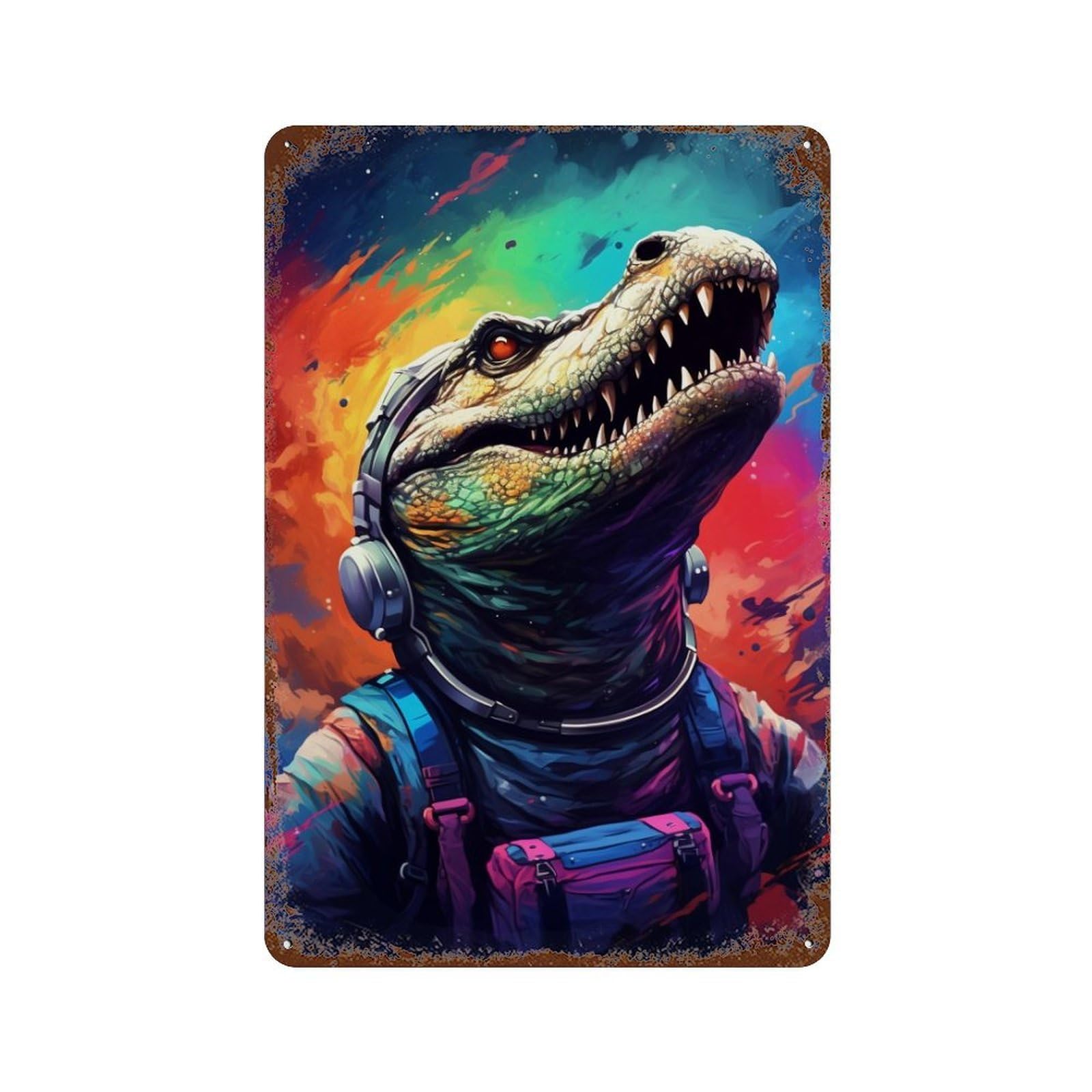 Rust Effect Colorful Dinosaur Astronaut Artwork Rusty Metal Tin Sign 11.8"x7.9", Farmhouse Wall Decor for Cafe, Home Bar And Lounge Decor