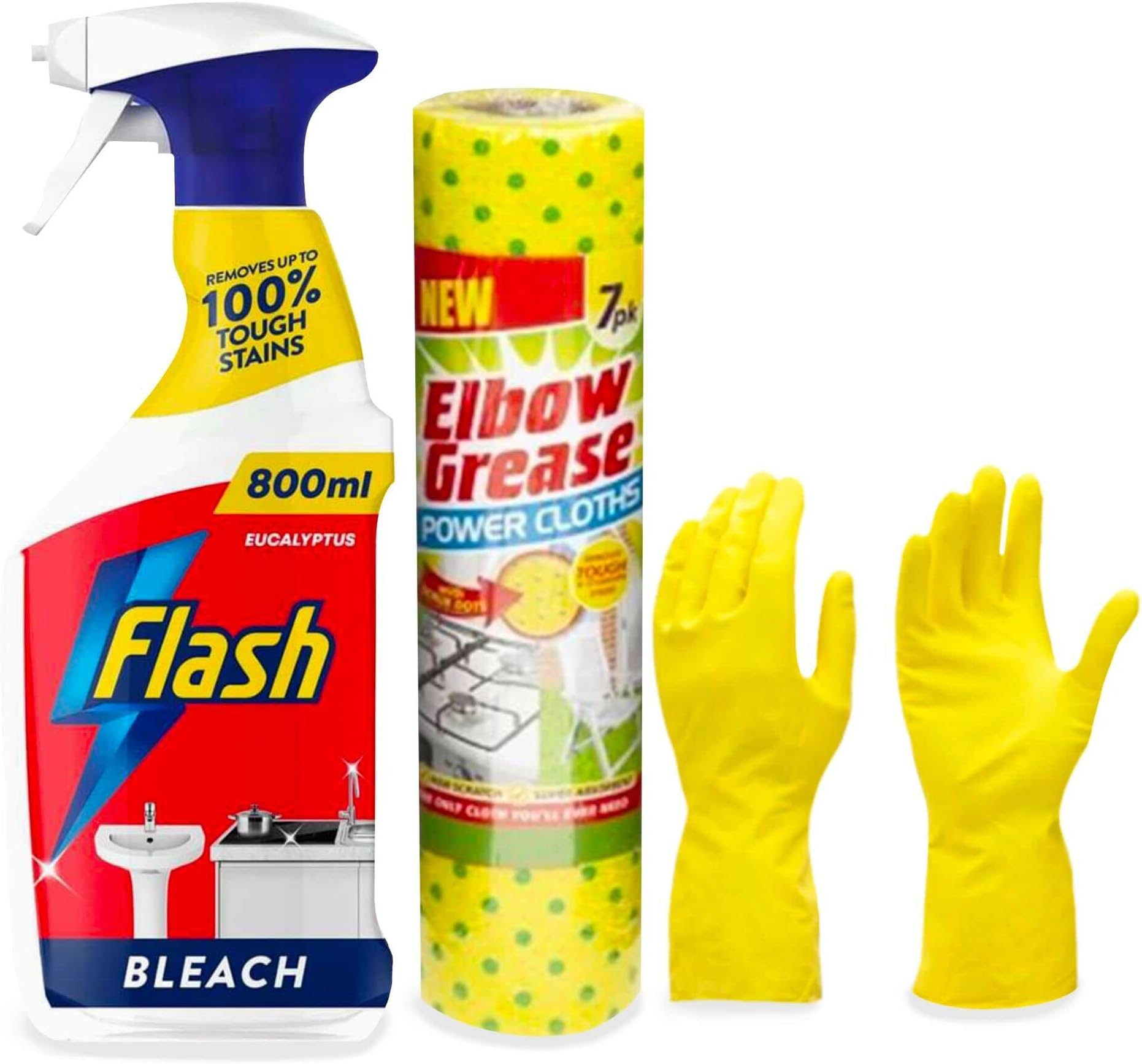 Power cleaning set - Kitchen cleaning set includes - Flash Cleaning Spray with Bleach, 800ml, with Gloves and Elbow Grease 7 Power Microfibre Cloth-NARZAM
