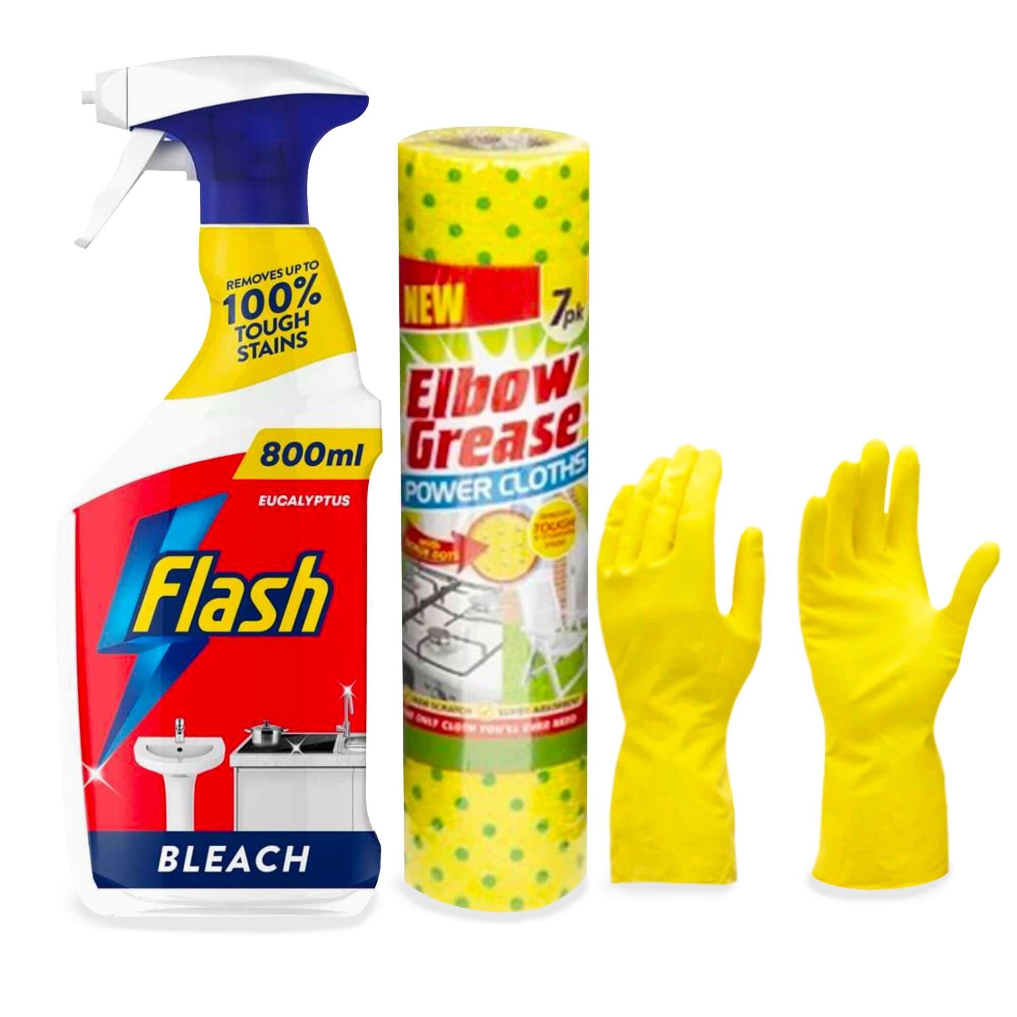 Power cleaning set - Kitchen cleaning set includes - Flash Cleaning Spray with Bleach, 800ml, with Gloves and Elbow Grease 7 Power Microfibre Cloth-NARZAM