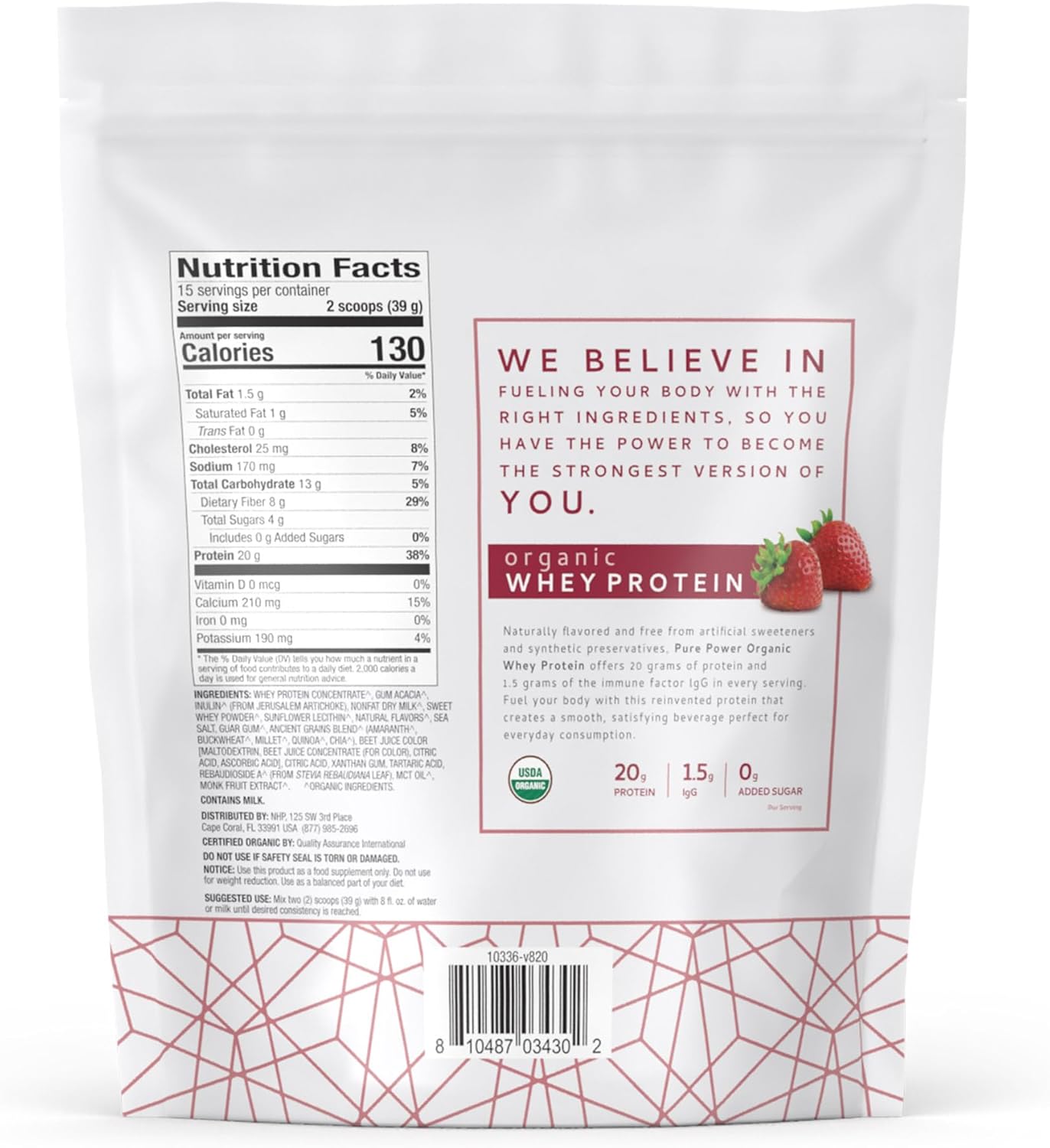 Dr. Mercola Pure Power Organic Whey Protein - 20 g Protein - Supports Muscle Growth & Energy - Grass-Fed Whey Concentrate - 15 Servings (20.60 oz) - Strawberry