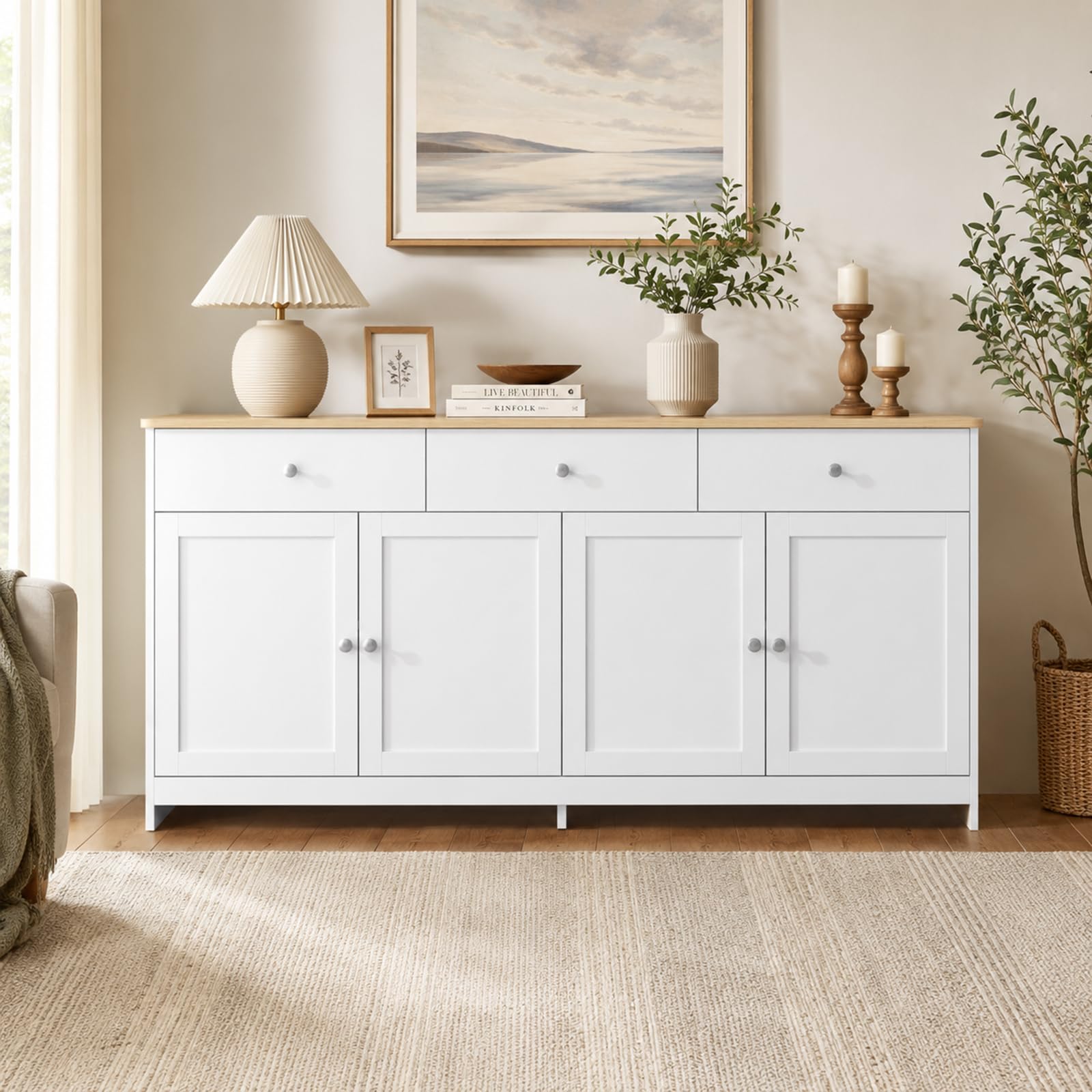 Credenza Cucina 160 cm Madia Soggiorno Moderna con 3 Cassetti e 4 Ante, Buffet Mobile con Ripiani Regolabili e Rimovibili per Cucina, Soggiorno, Ingresso, 160 x 37 x 75 cm, Bianco e Legno