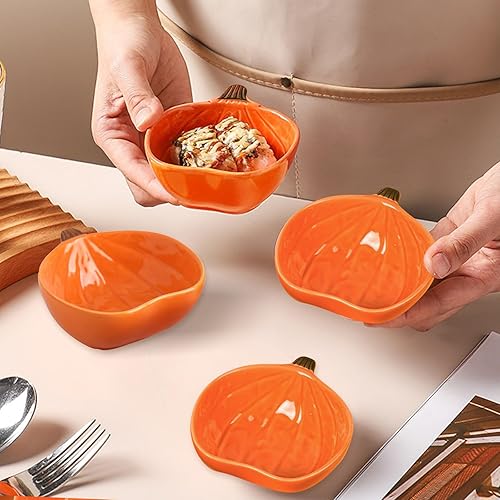 Miniatura 4 de Ramequines de calabaza pequeños cuencos de cerámica para hornear, 6 onzas, aptos para horno, mini plato de calabaza para servir salsa y salsa, 4