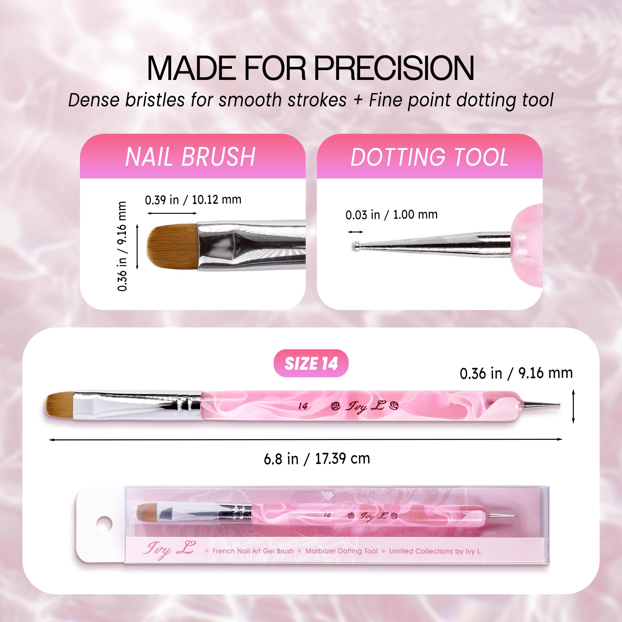 Ivy L - Pennello Kolinsky per nail art in gel acrilico a 2 vie, con strumento per punteggiare, per manicure professionale e pulizia delle cuticole (misura n. 14, marmo rosa)