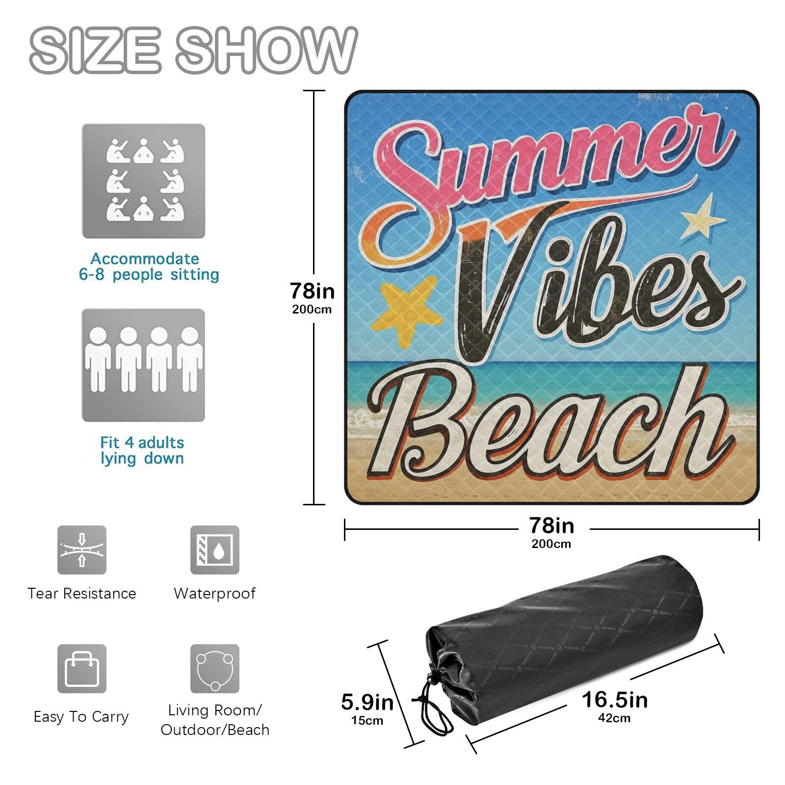 Summer Vibes Beach Vintage Plakat Duży Koc Plażowy CuteLawnGarden Matfor Dorosłych
