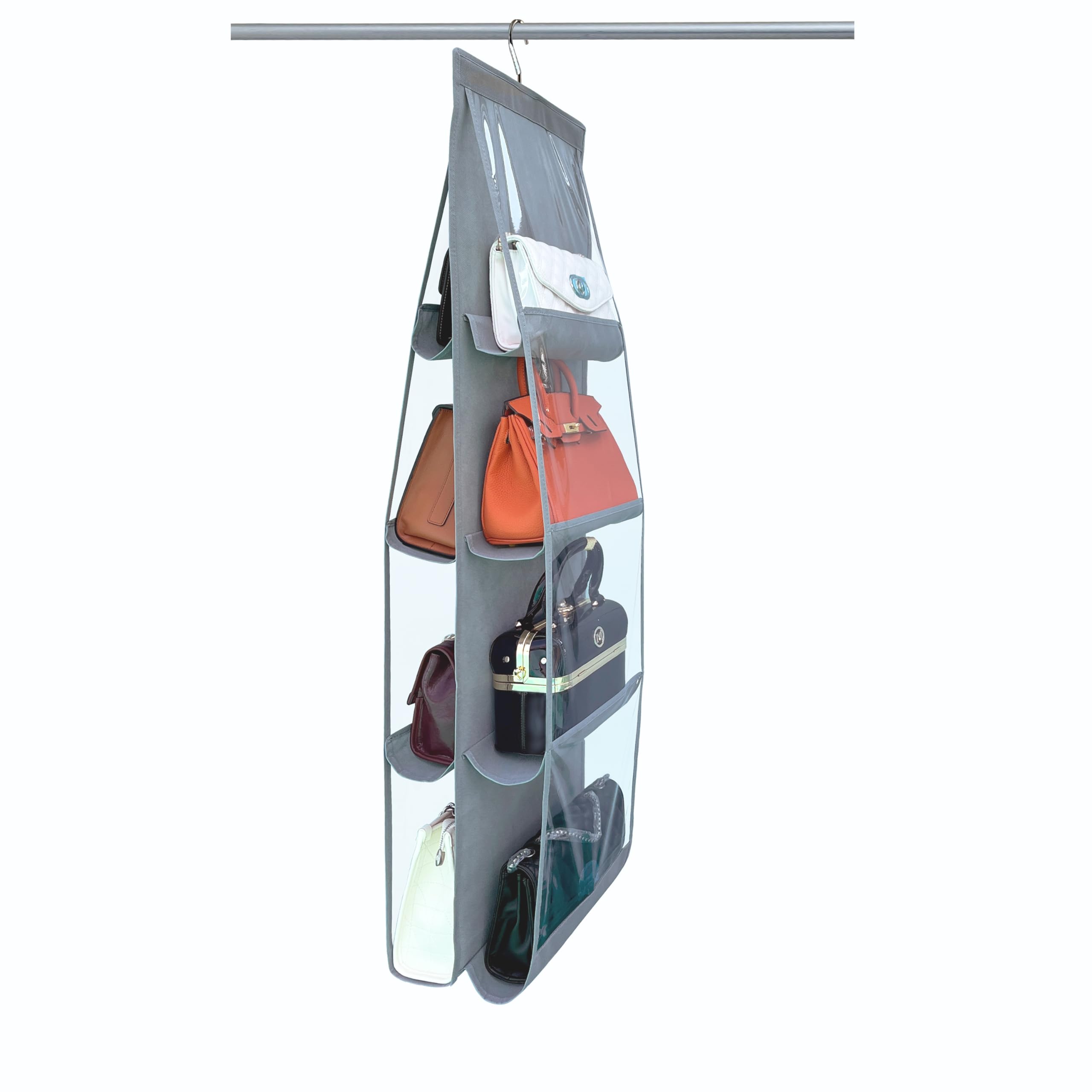 zebricolo, Purse Organizer for Closet, Larger Pockets, Hand Bag Storage Organizer, Thicken Metal Hooks, Purse Hanger Closet, Thickened Fabric, Hanging Purse Organizer for Closet, Light grey/1pack