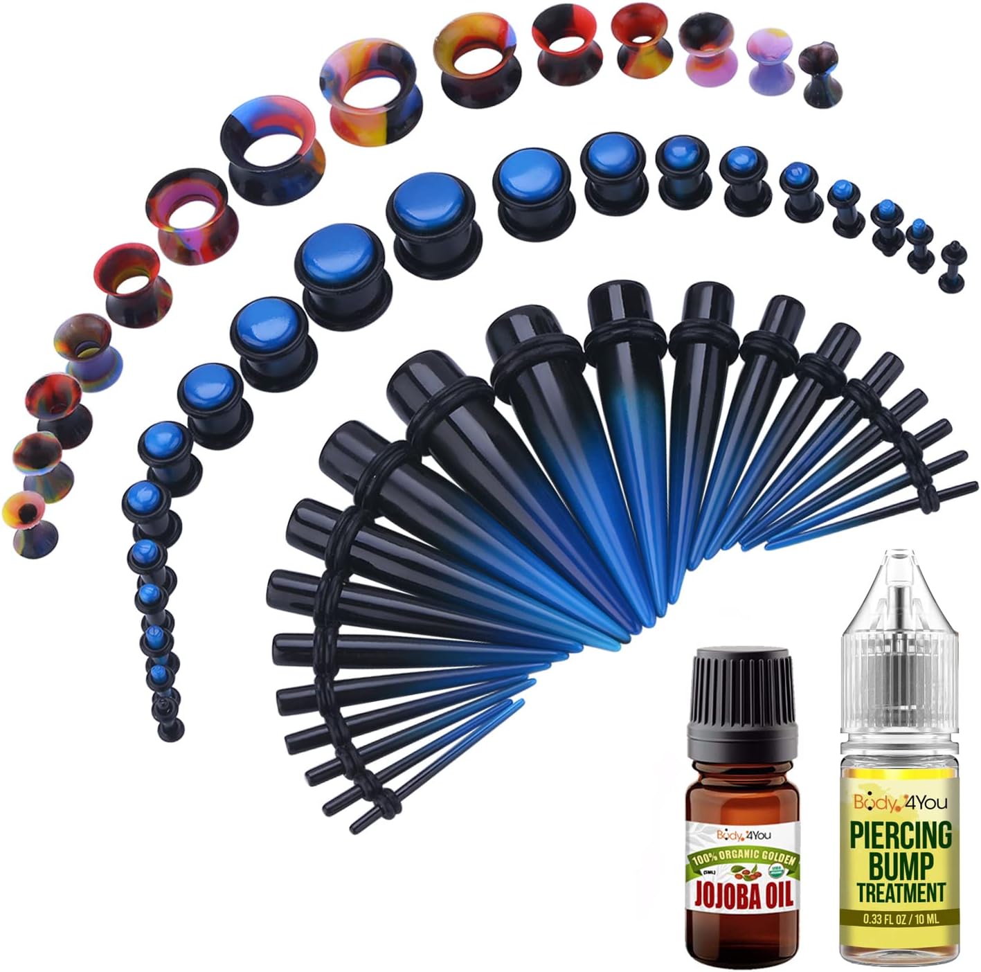 BodyJ4You 55PC Gauges Kit 14G-12mm - Aftercare Jojoba Oil, Bump Keloid Treatment Drops - Black Blue
