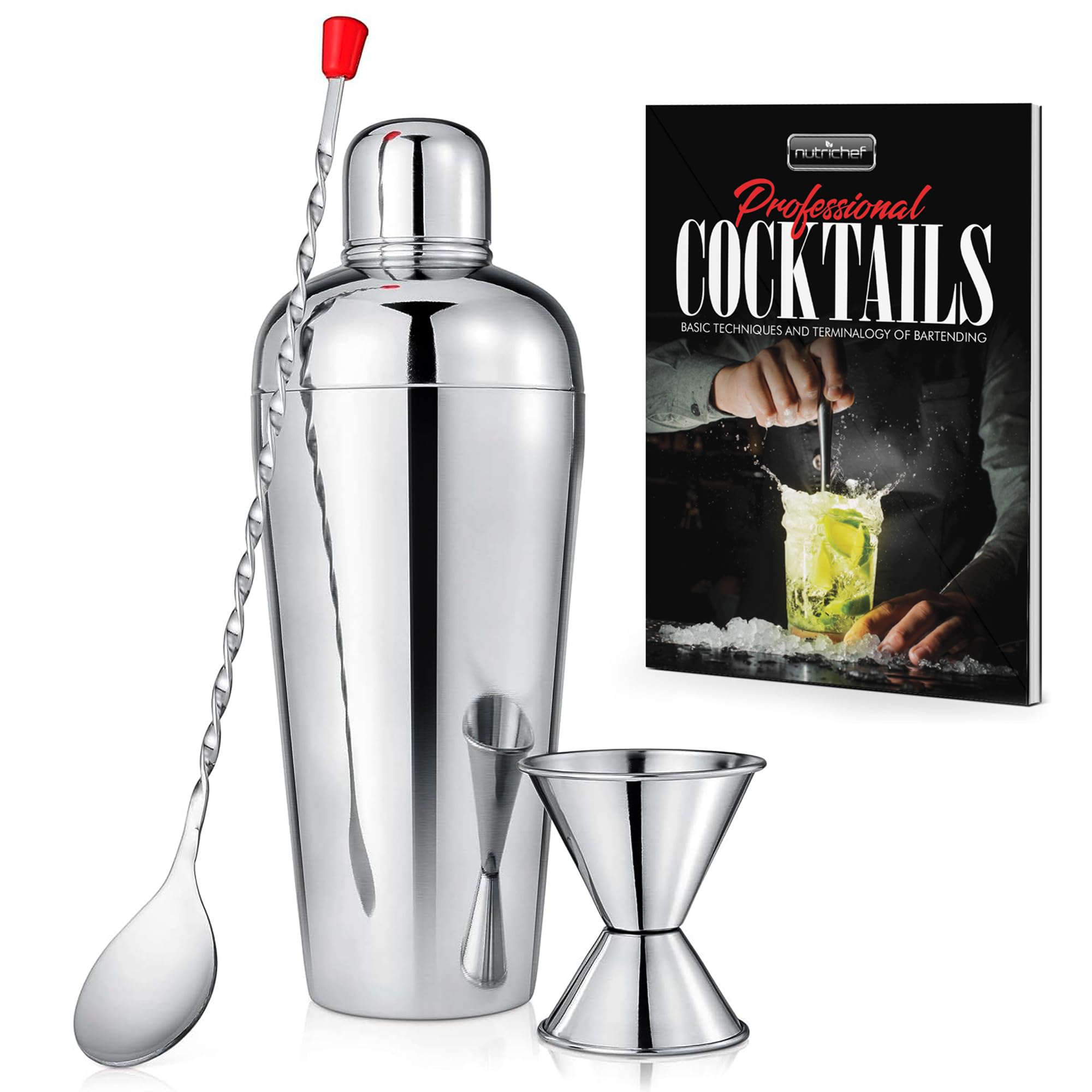 NutriChef 3 Piece Bartender Set | Professional Margarita Mixer & Cocktail Shaker Set Includes Cocktail Shaker, Jigger & Bar Spoon | Bartender Martini Mixology Barware | Perfect for Homes & Bars