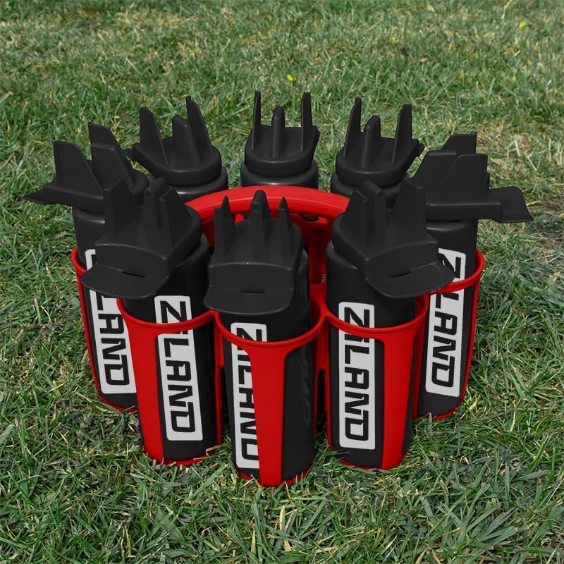 Hybrid Water Bottle Set • 8 x 1 Litre Easy Squeeze Bottles and 1 x Carrier • Perfect for Sports Teams • Hygienic as there is no mouth contact with the nozzle (Black/Black - Red Carrier)