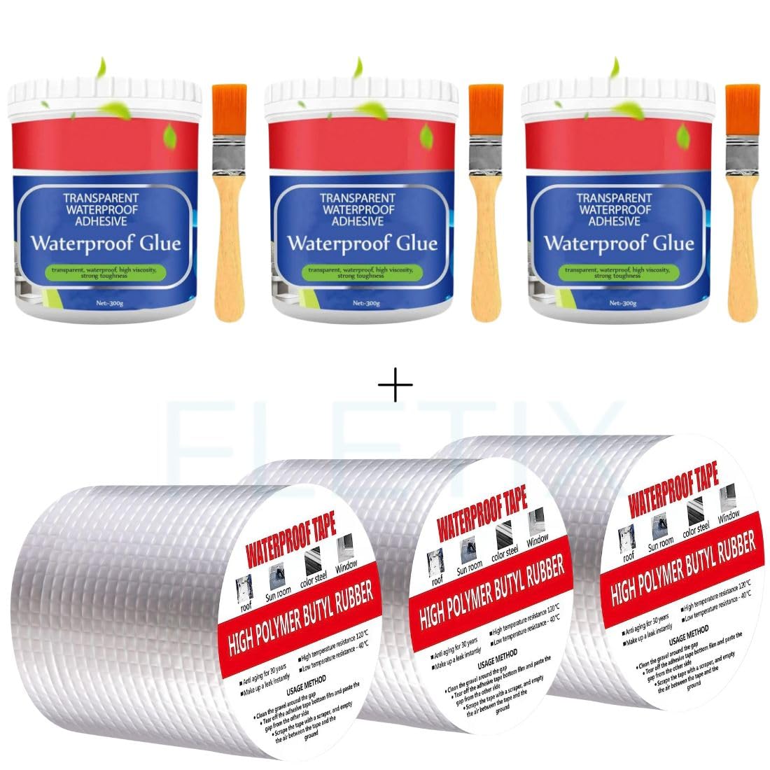 Leakage Repair Water Proof Duct Tape For Pipe Leakage & Transparent Waterproof Glue Repairing Super Strong Bonding Sealant Invisible Waterproof Agent (4" in X 5m Tape + 300gm Glue, 03)