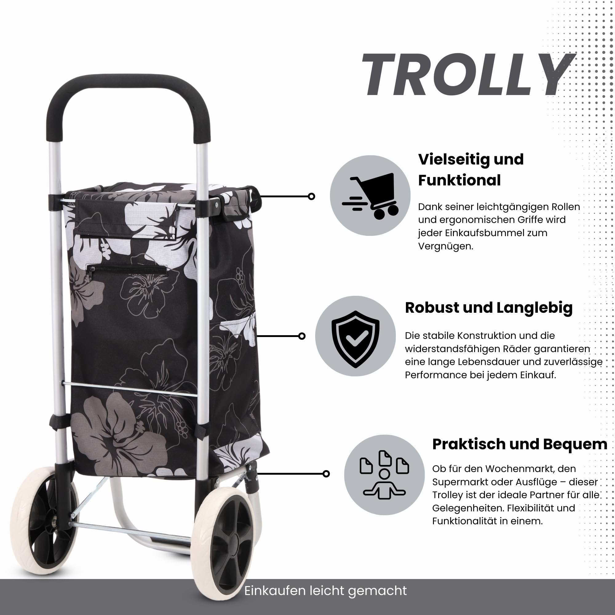 Luna Carrello per la spesa in alluminio da 42 litri, pieghevole, con corridore, impermeabile, con borsa per la spesa rimovibile – Fiori