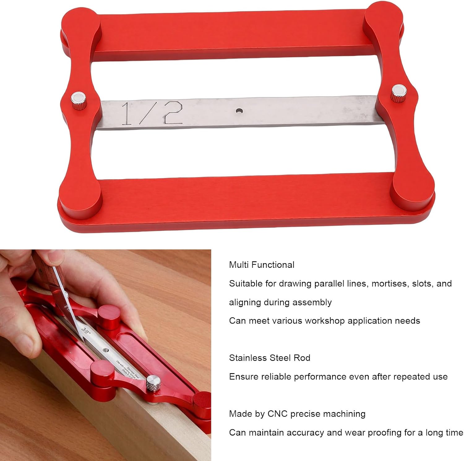 Center Gauge Stainless Steel Workshop Tool for Wood Boards Tenons and Strips with Imperial Metric Sizing Rods