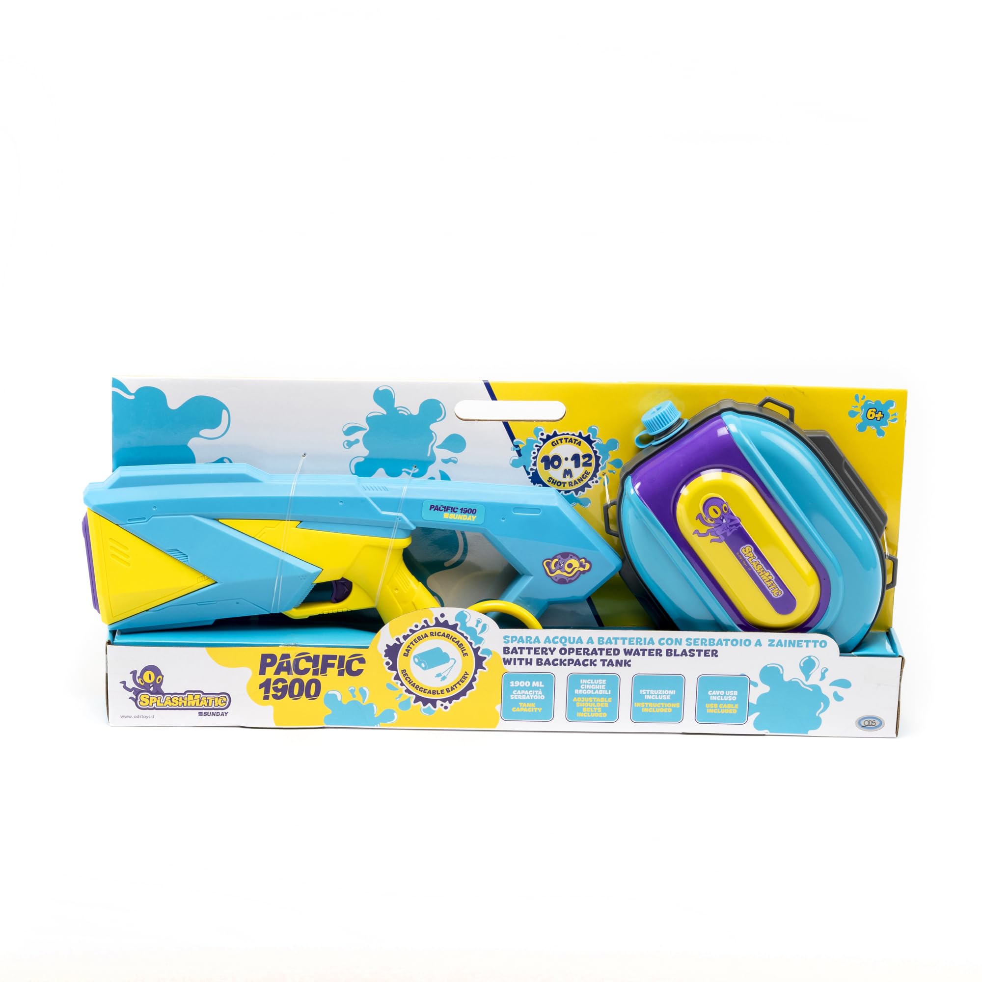 ODS - Splashmatic Pacific 1900, Spara Acqua con Serbatoio a Zainetto, a Batteria con Ricarica USB, Pistola ad Acqua 48 cm, Capacità Serbatoio 1900 ml, Età Consigliata +6 Anni