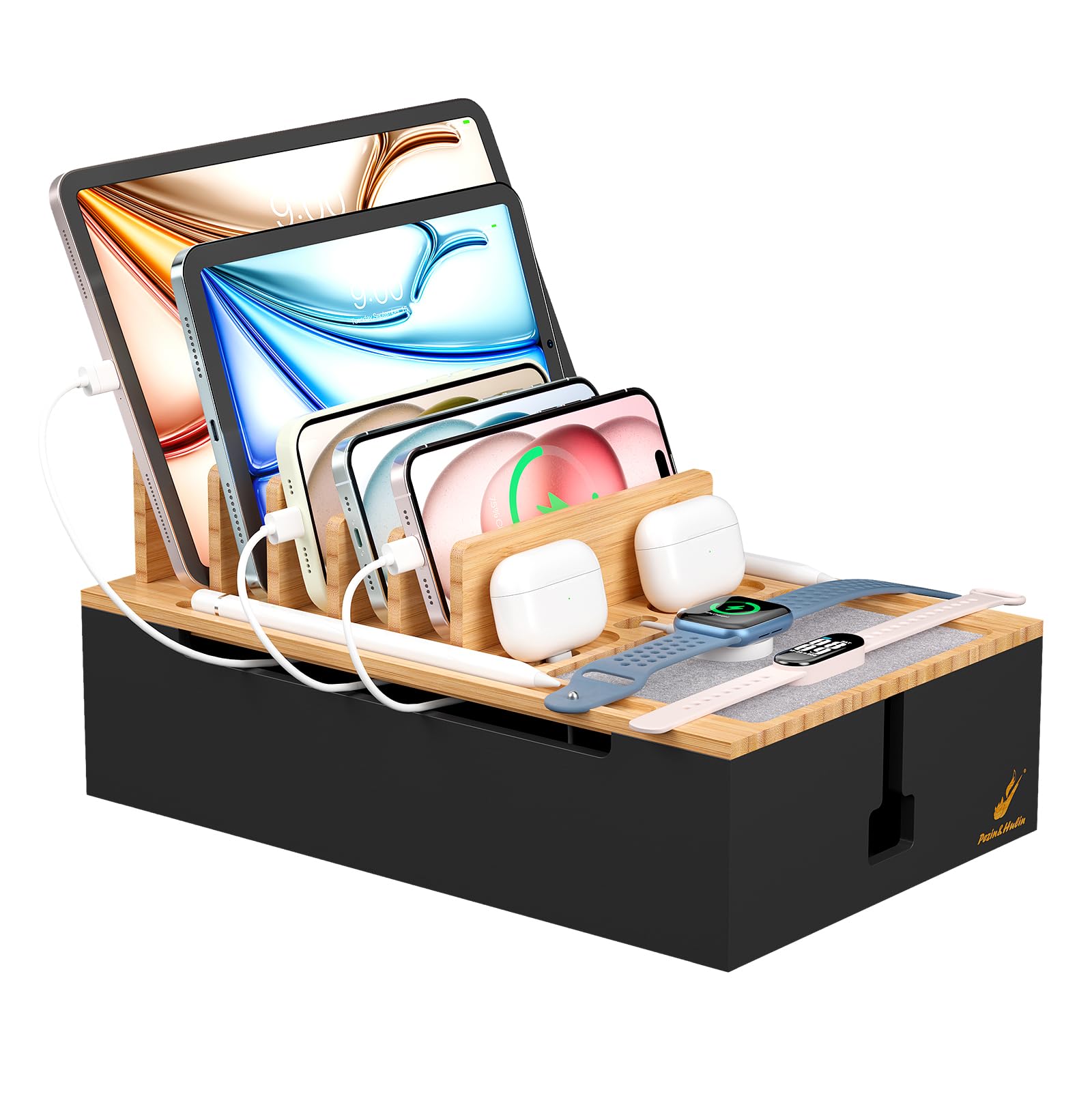 Pezin & Hulin Station de charge en bambou, organiseur d'appareils électroniques pour plusieurs appareils tels que téléphone portable, tablette, montre et plus encore, naturel + noir, (pas de chargeur