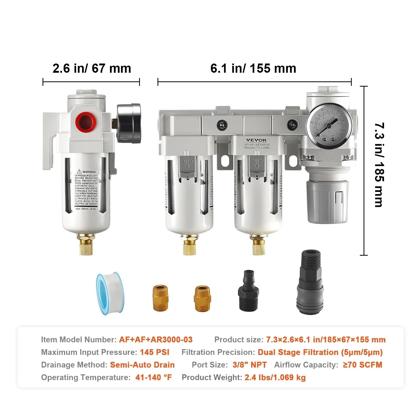 Filtro de compresor de aire 3/8 "NPT, doble etapa, separador de agua y aceite semiautomático, sistema de secado de aire, regulador de aire neumático