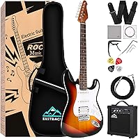 Vista 13 de EASTROCK Kit de guitarra eléctrica de tamaño completo de 39 pulgadas para principiantes, paquete de iniciación con bolsa, cejilla, correa de hombro