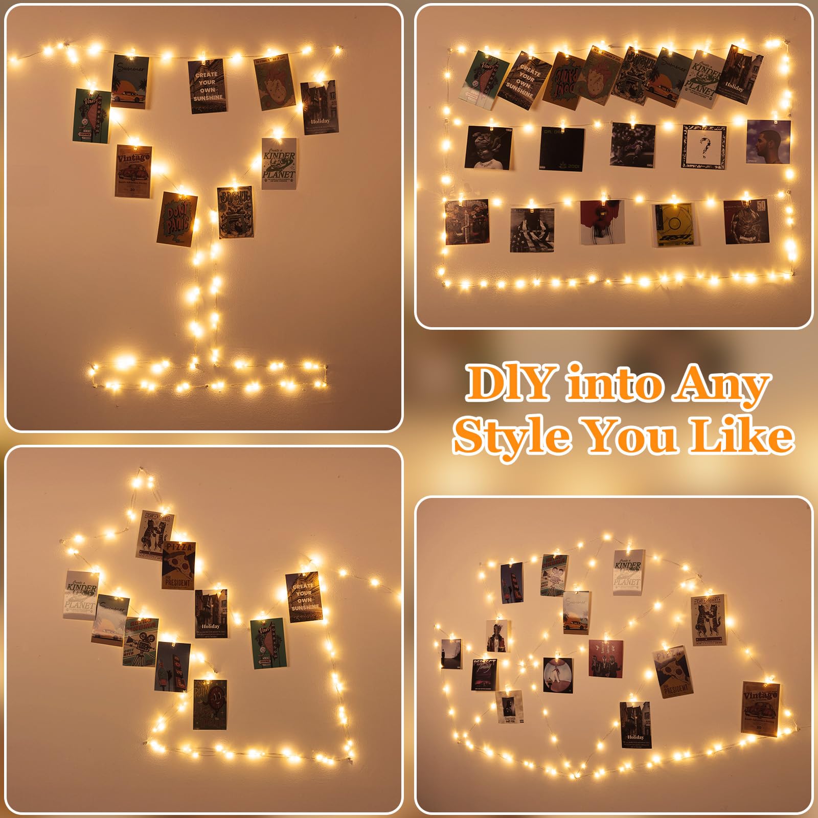 Lakumu Wiederaufladbare Foto-Clip-Lichterkette, 100 LEDs, batteriebetriebene Lichter mit 60 transparenten Clips, 8 Modi und Timer, funkelnde Lichter für Schlafzimmer, Schlafsaal, Wand, Hochzeit