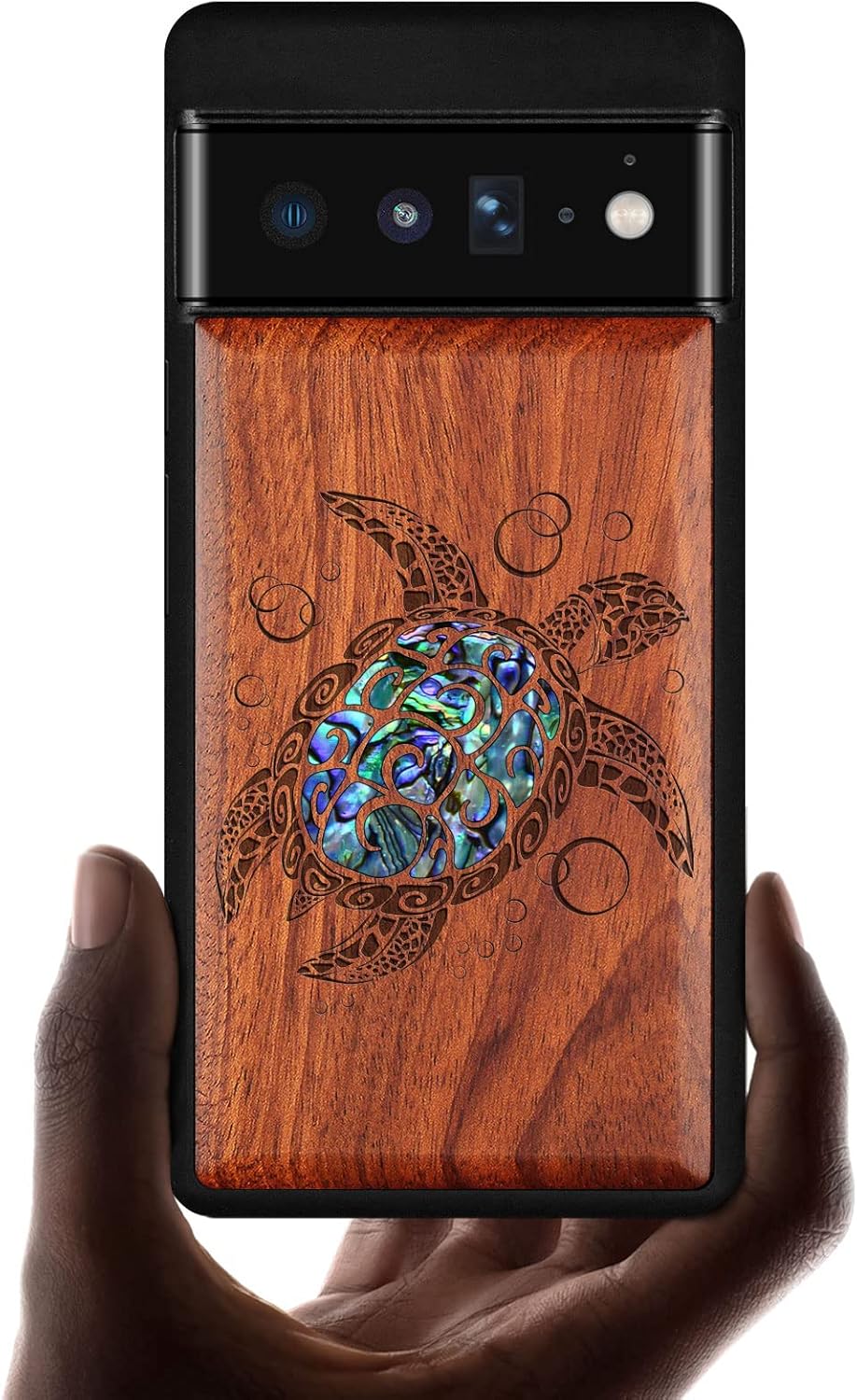 Carveit Designer Wooden Case for Google Pixel 6 Pro Case Cover [Wood Engraving & Shell Inlay] Unique Wood Phone Case Compatible with Wireless Chargers Pixel 6 Pro (Sea Turtle-Rosy)