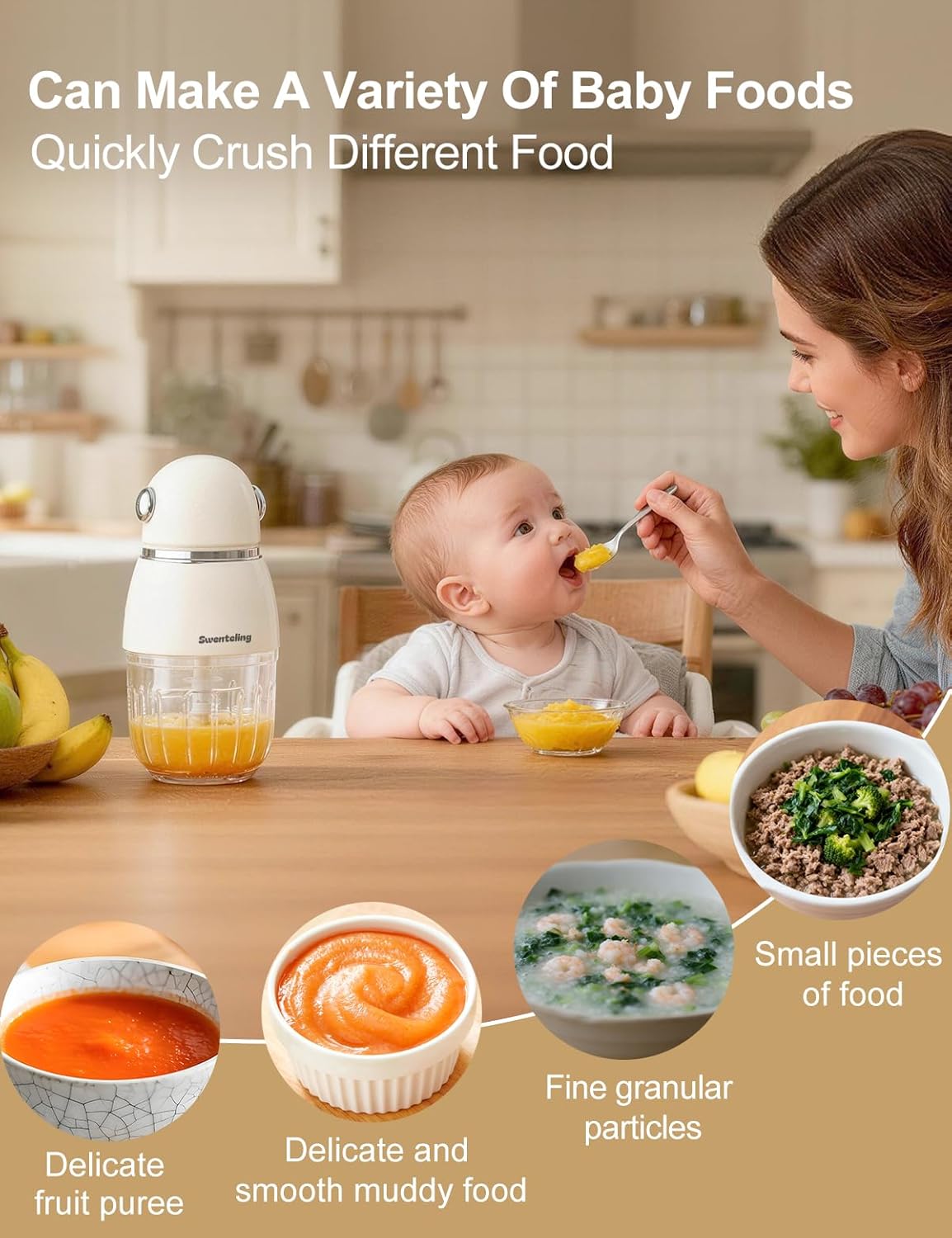 Baby Food Maker, Creamy white, 10oz Food Puree Maker, Food Processor for Foods Fruit Vegetable Meat, 8-Second Quick Soft Food Prep，BPA-Free