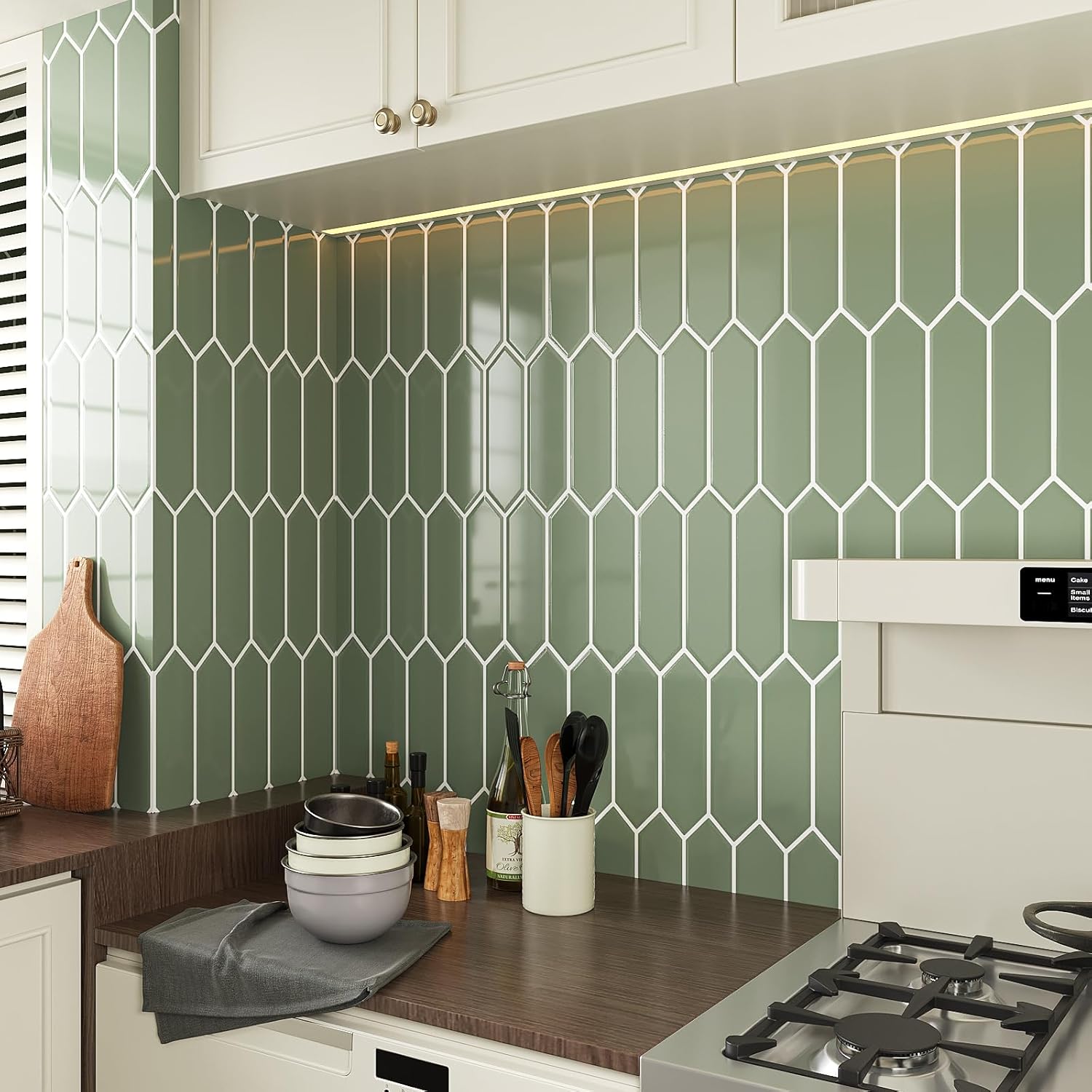 VaryStyle Sage Green Backsplash Tile Peel and Stick Kitchen Backsplash Long Hexagon Wall Tiles Self Adhesive Sticky Waterproof Vinyl Mosaic Back Splashes Stickers for Shower Walls Stove 12"x12" 18PCS