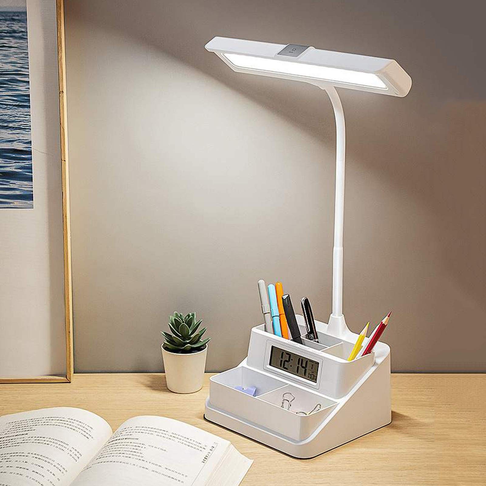 Lampada da Tavolo Lampada da Lettura Multifunzionale Lampada da scrivania a LED dimmerabile Continua con portapenne e Display Sveglia, Lampada da scrivania Plug-in Touch Control lampade da Comodi