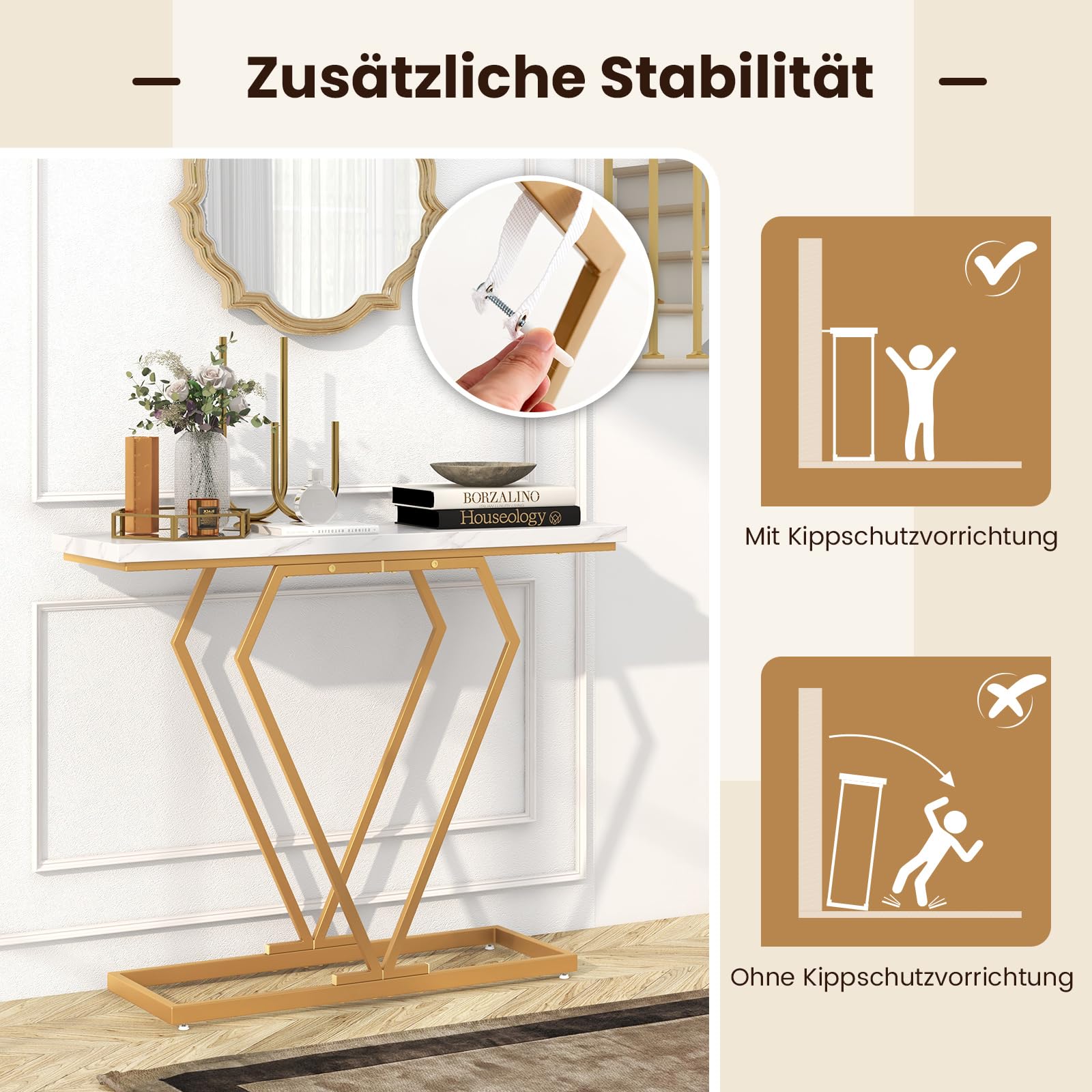 COSTWAY Stolik konsolowy, stół wejściowy wąski, stół do przedpokoju z marmurowym wyglądem i geometryczną metalową ramą, 100 cm stolik pomocniczy do salonu, korytarza, wejścia