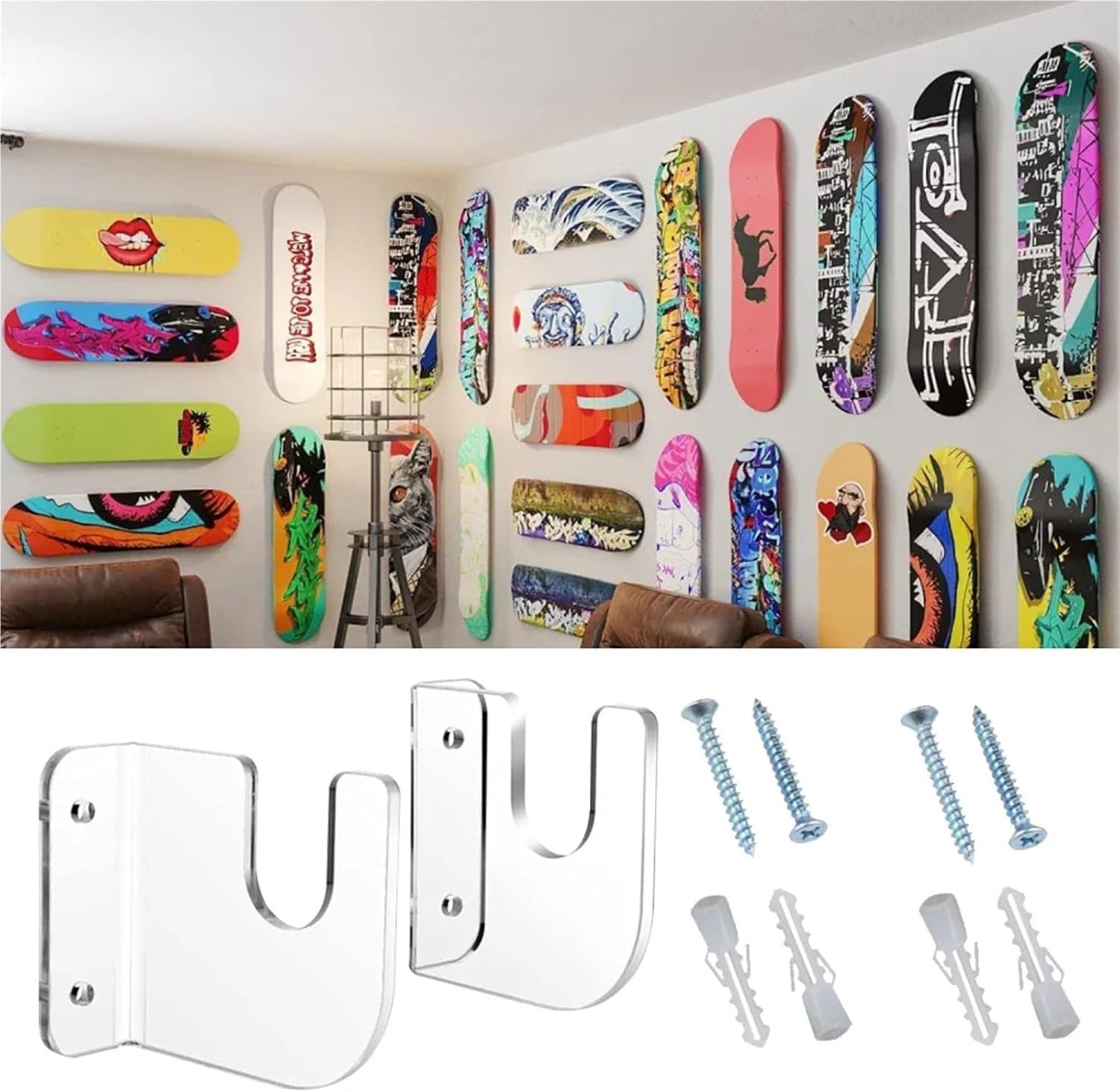 Skateboard Wall Mount 5 Pairs Skateboard Wall Mount Acrylic Skate Board Holder Display Rack Indoor Floating Storage Stand for Deck Display Storage