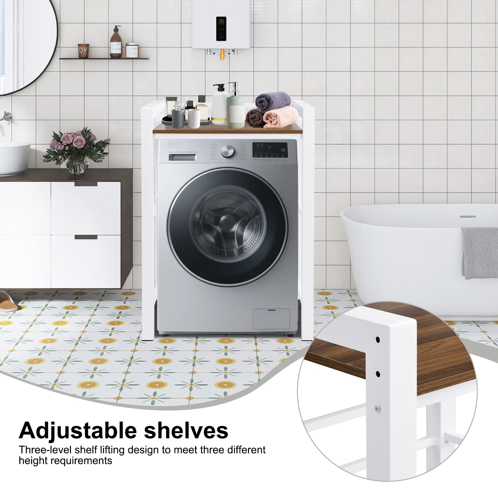 Soportes Para Lavadoras-Secadoras, Mueble Lavadora, Mueble Para Lavadora y Secadora Ajustable en Altura de 3 Niveles, Soporte de Carga 350 Kg, Para BañO, Cocina, BalcóN, Lavandería. (Blanco)