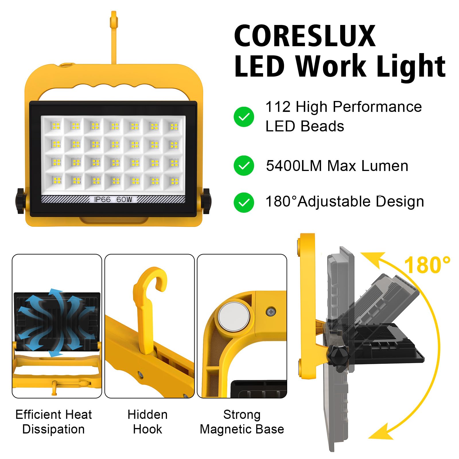 Foco LED de Trabajo, 60W Lámpara de Trabajo LED con 3 Modos de Brillo, Luz de Trabajo con Enchufe, IP66 Resistente al Agua con Cable de 4M, 6000K Portátil para Taller Obra Garaje