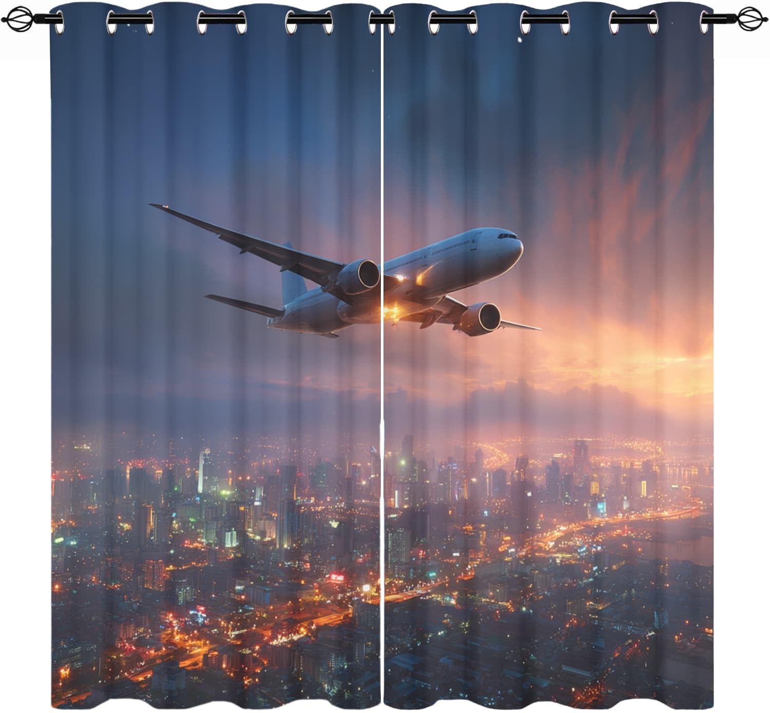Rideau occultant violet clair lot de 2 en 91.5x214 cm motif avion de la ville