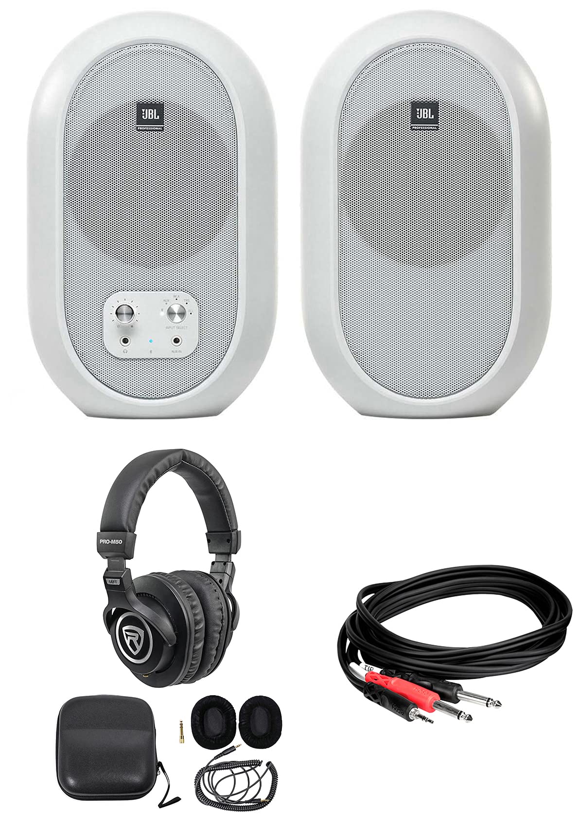 Audiosavings Bundle: (2) JBL 104SET-BTW Powered Active Studio Monitors Bluetooth Bundle With (1)Rockville PRO-M50 Studio Headphone, (1)Hosa CMP-159 10' 3.5mm 1/8
