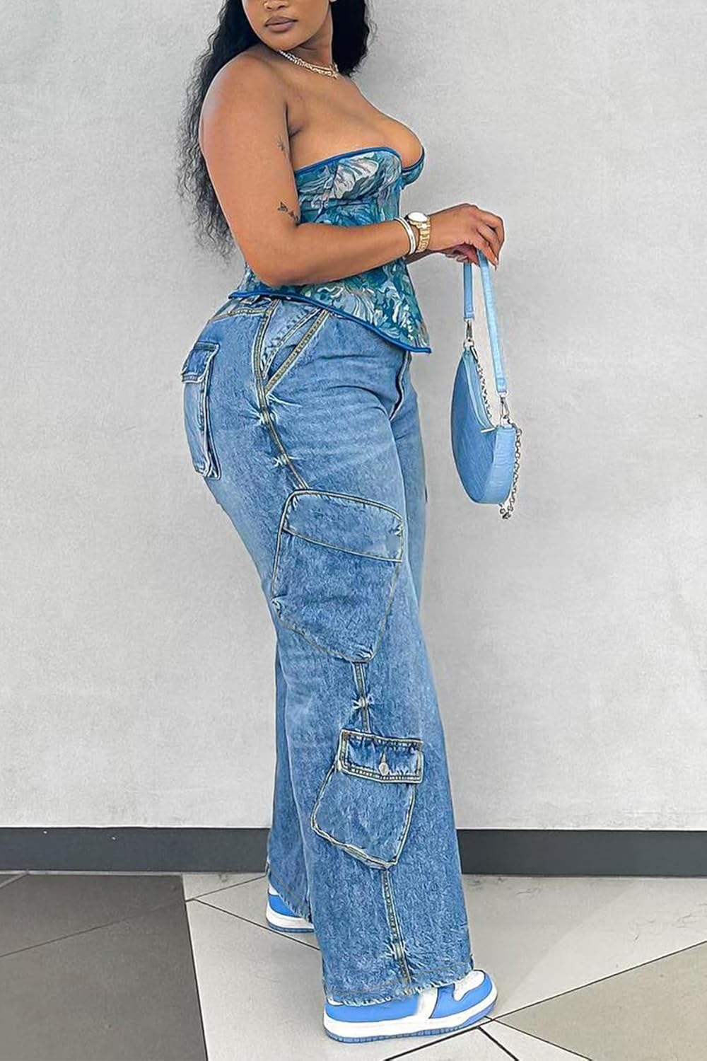 Vakkest Women's High Waisted Cargo Jeans, Straight Wide Leg Denim Pants with 6 Multi Pockets, Baggy Streetwear Trousers - Image 3