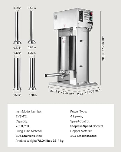 Miniatura 51 de VEVOR Relleno de salchichas, capacidad de 22 libras/10 L, relleno eléctrico de salchichas de acero inoxidable 304, relleno eléctrico vertical