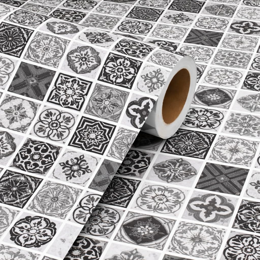 Moroccan Pattern Peel & Stick Tile Wallpaper Roll | Black & Grey Vintage Design | Self Adhesive Waterproof PVC Sheet | Easy Install & Removable | Kitchen, Bathroom, Floor & Wall Decor 16 x 120 Inch