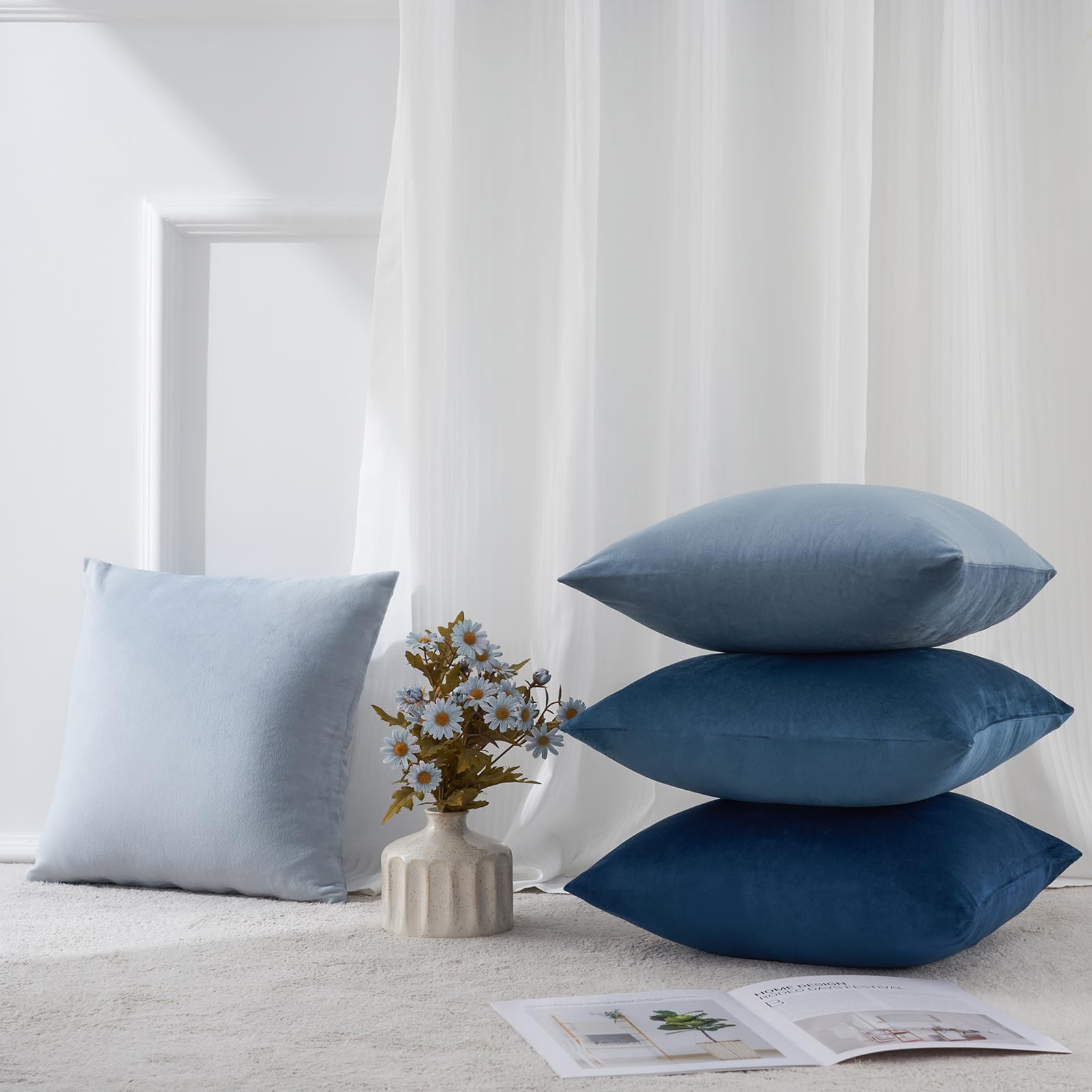 Topfinel Set 4 federe velluto morbido blu, divano soggiorno letto giardino camera da letto, 40x40 cm, moderni