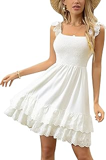 Women's Summer Ruffle Strap Sleeveless Square Neck Smocked Back A Line Tiered Swing Mini Dress Vacation Beachwear - Buy now